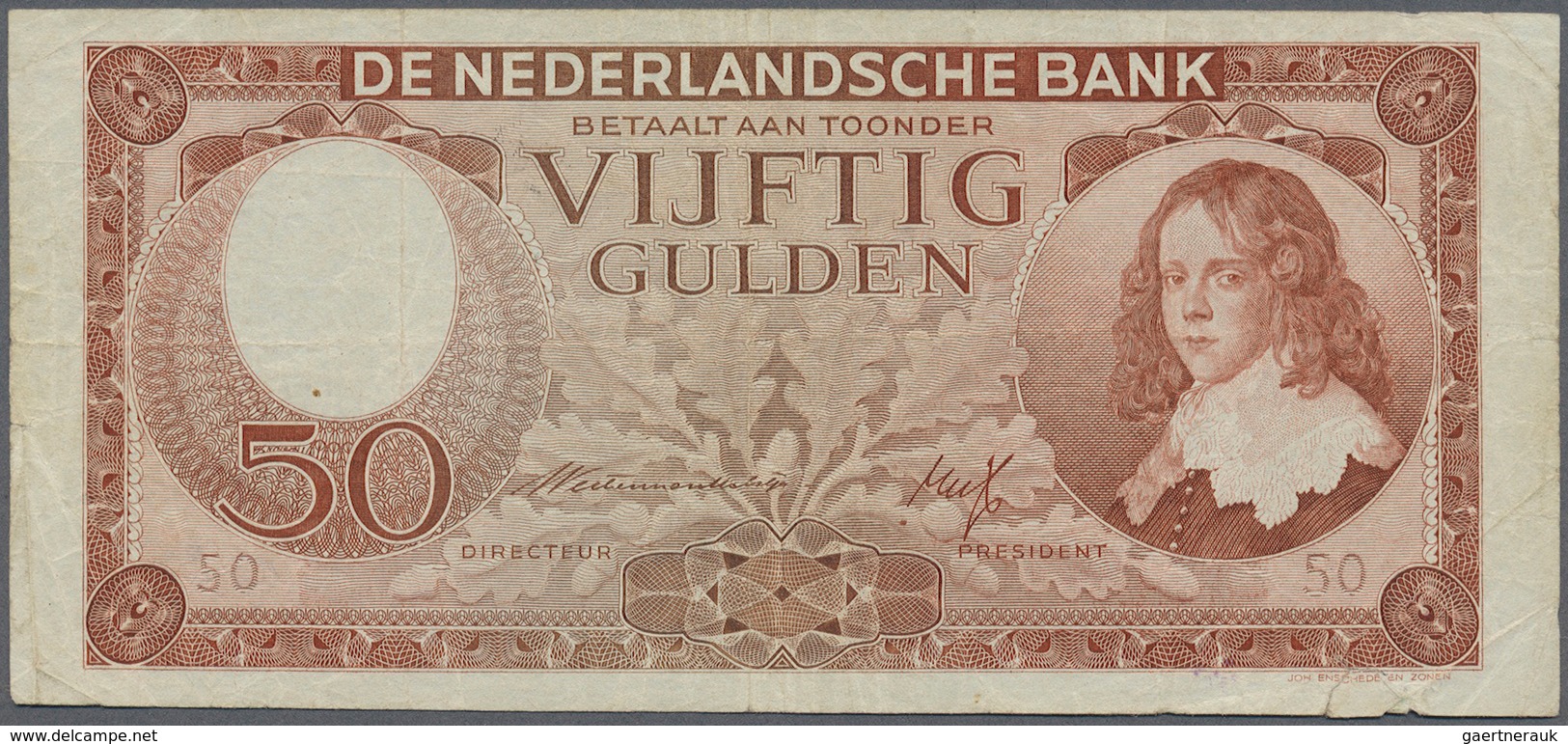 02074 Netherlands / Niederlande: 50 Gulden 1945 P. 78, Several Folds And Creases In Paper, A 6mm Tear At L - Otros & Sin Clasificación