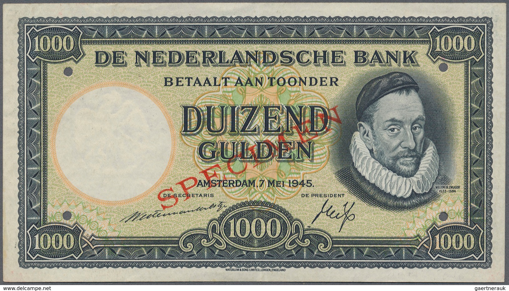 02075 Netherlands / Niederlande: 1000 Gulden 1945 Specimen P. 80s, Rare Note In Great Condition With Only - Otros & Sin Clasificación