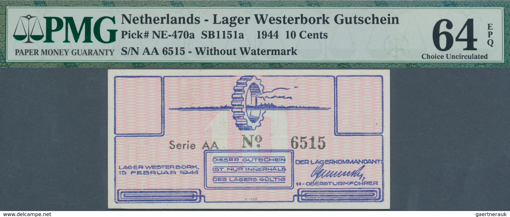 02080 Netherlands / Niederlande: Lager Westerbork Gutschein 10 Cents 1944 P. NL In Condition: PMG Graded 6 - Andere & Zonder Classificatie