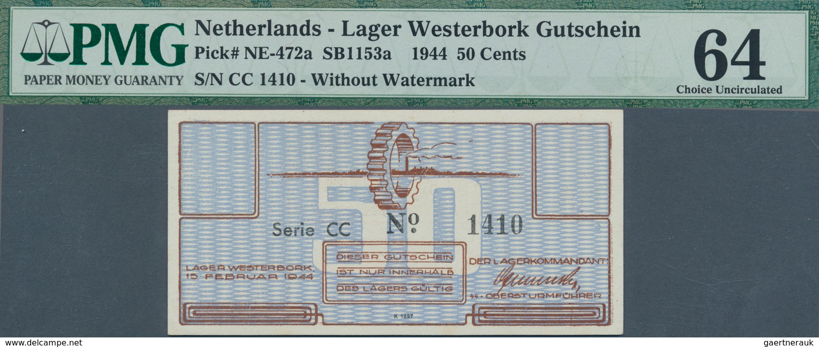 02082 Netherlands / Niederlande: Lager Westerbork Gutschein 50 Cents 1944 P. NL In Condition: PMG Graded 6 - Otros & Sin Clasificación
