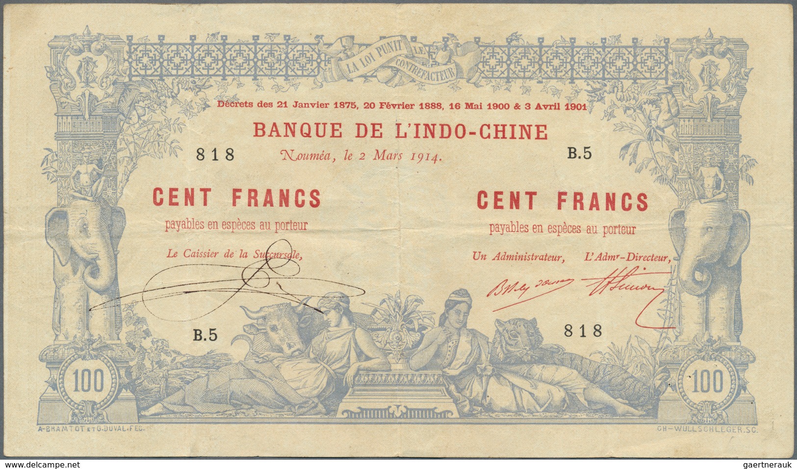 02083 New Caledonia / Neu Kaledonien: Very Rare Condition 100 Francs 1914 P. 17 Noumea Banque De L'Indochi - Nouméa (New Caledonia 1873-1985)
