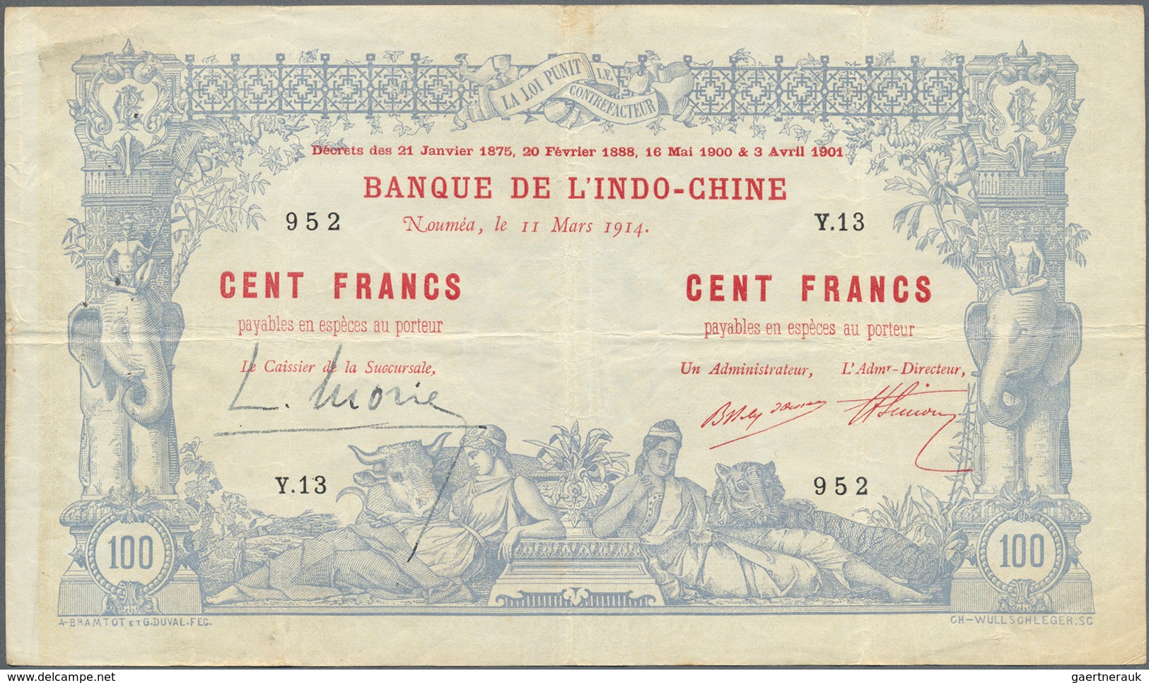 02084 New Caledonia / Neu Kaledonien: 100 Francs 1914 Noumea Banque De L'Indochine P. 17, Dated 11.03.1914 - Nouméa (Nuova Caledonia 1873-1985)