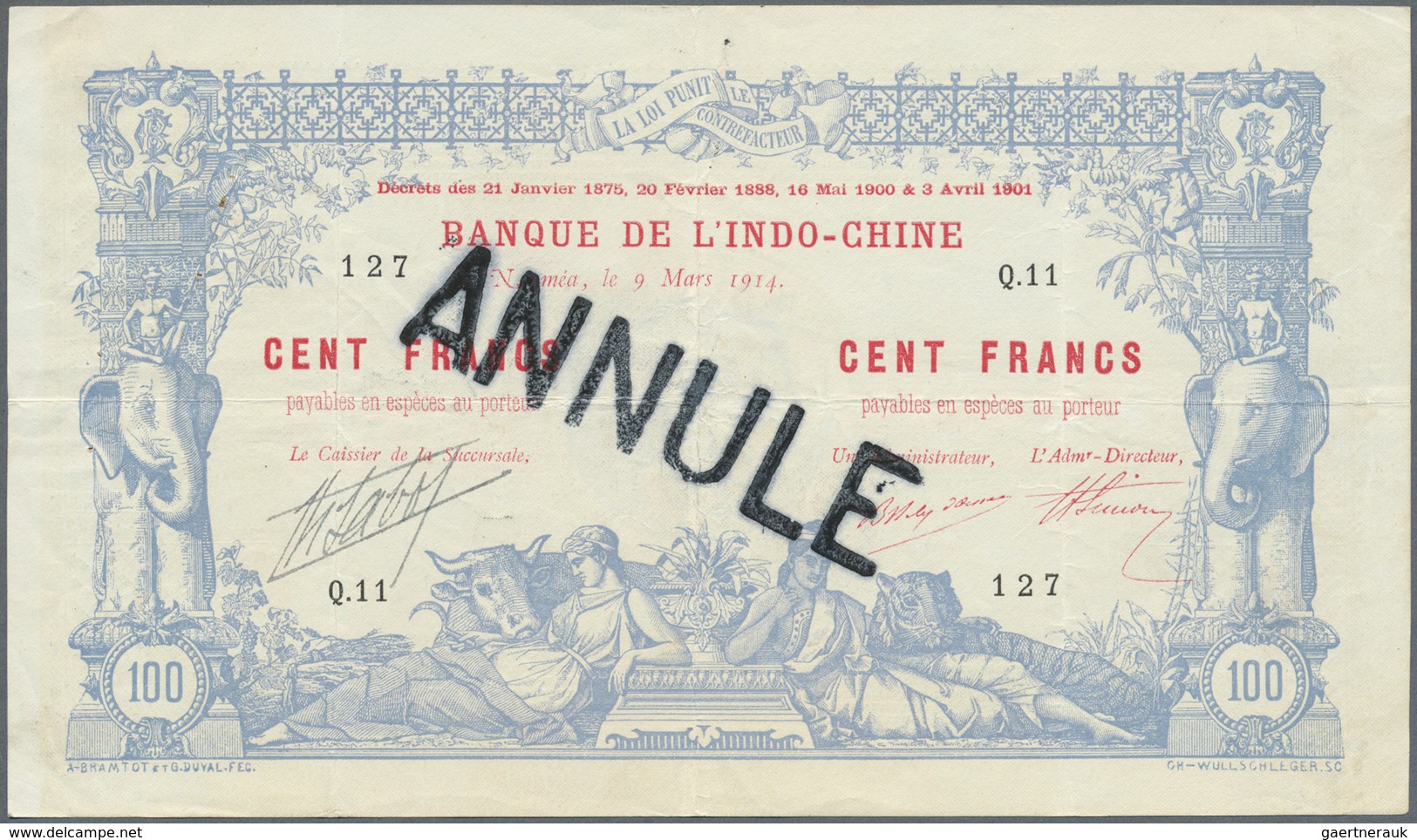 02086 New Caledonia / Neu Kaledonien: 100 Francs 1914 Noumea Banque De L'Indochine P. 17, Rare With "Annul - Nouméa (Nieuw-Caledonië 1873-1985)