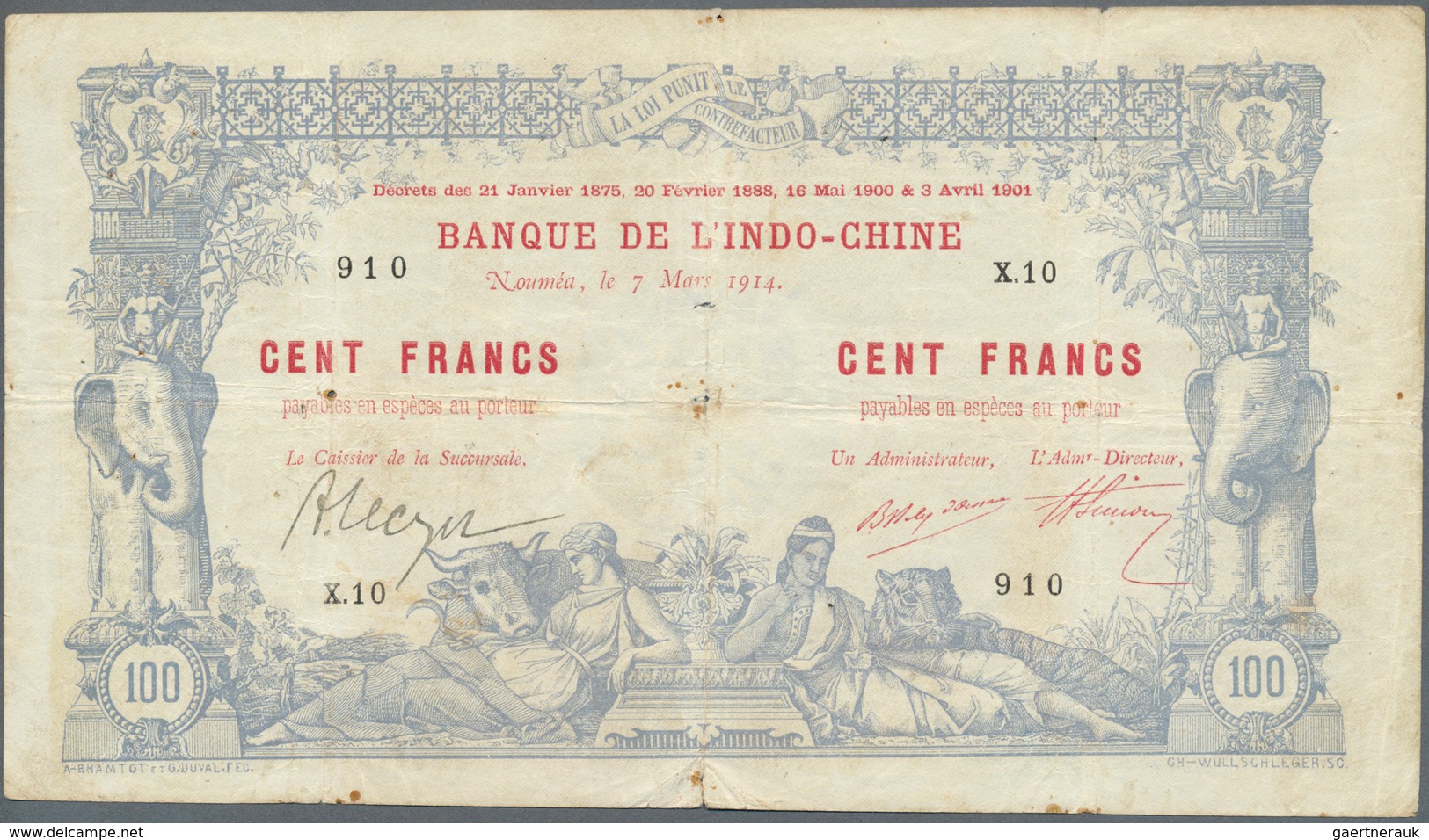 02087 New Caledonia / Neu Kaledonien: 100 Francs 1914 Noumea Banque De L'Indochine P. 17, With Block Lette - Nouméa (New Caledonia 1873-1985)