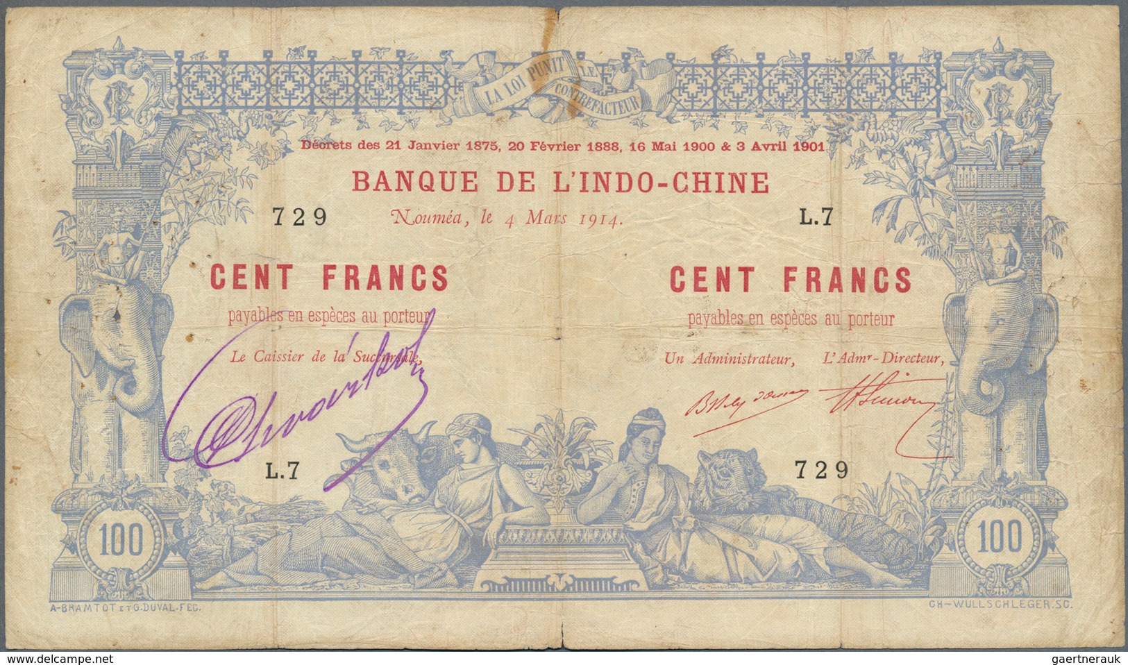 02088 New Caledonia / Neu Kaledonien: 100 Francs 1914 Noumea Banque De L'Indochine P. 17 In Used Conditino - Nouméa (Nieuw-Caledonië 1873-1985)