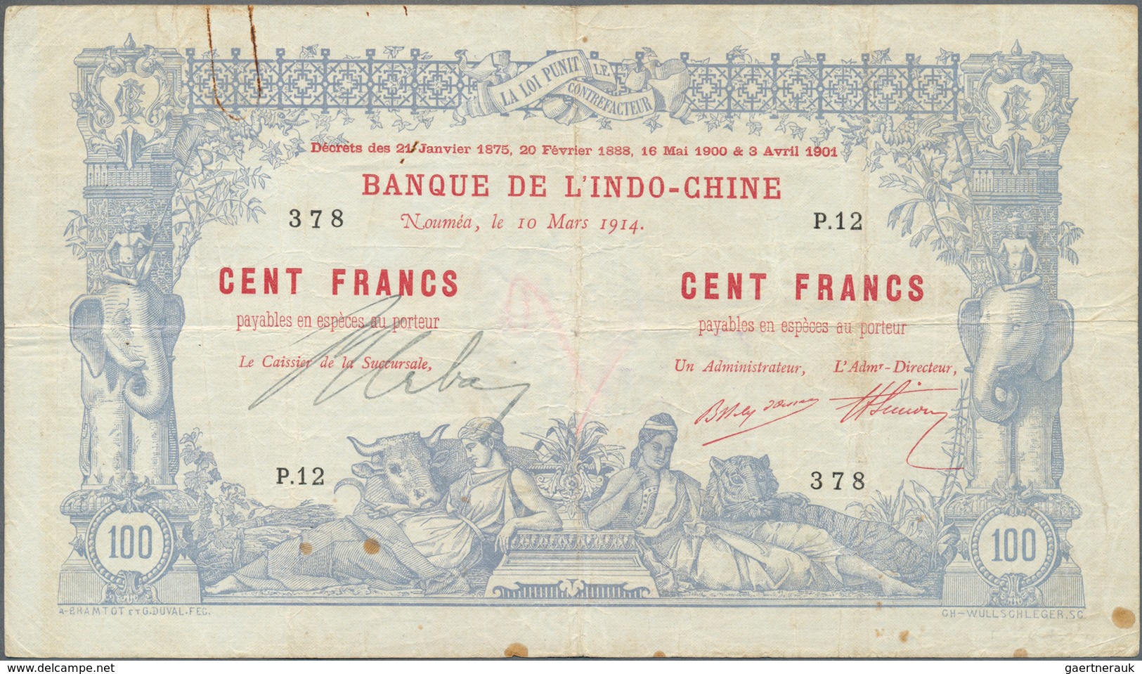 02090 New Caledonia / Neu Kaledonien: 100 Francs 1914 Noumea Banque De L'Indochine P. 17, Dated 10.03.1914 - Nouméa (Nieuw-Caledonië 1873-1985)