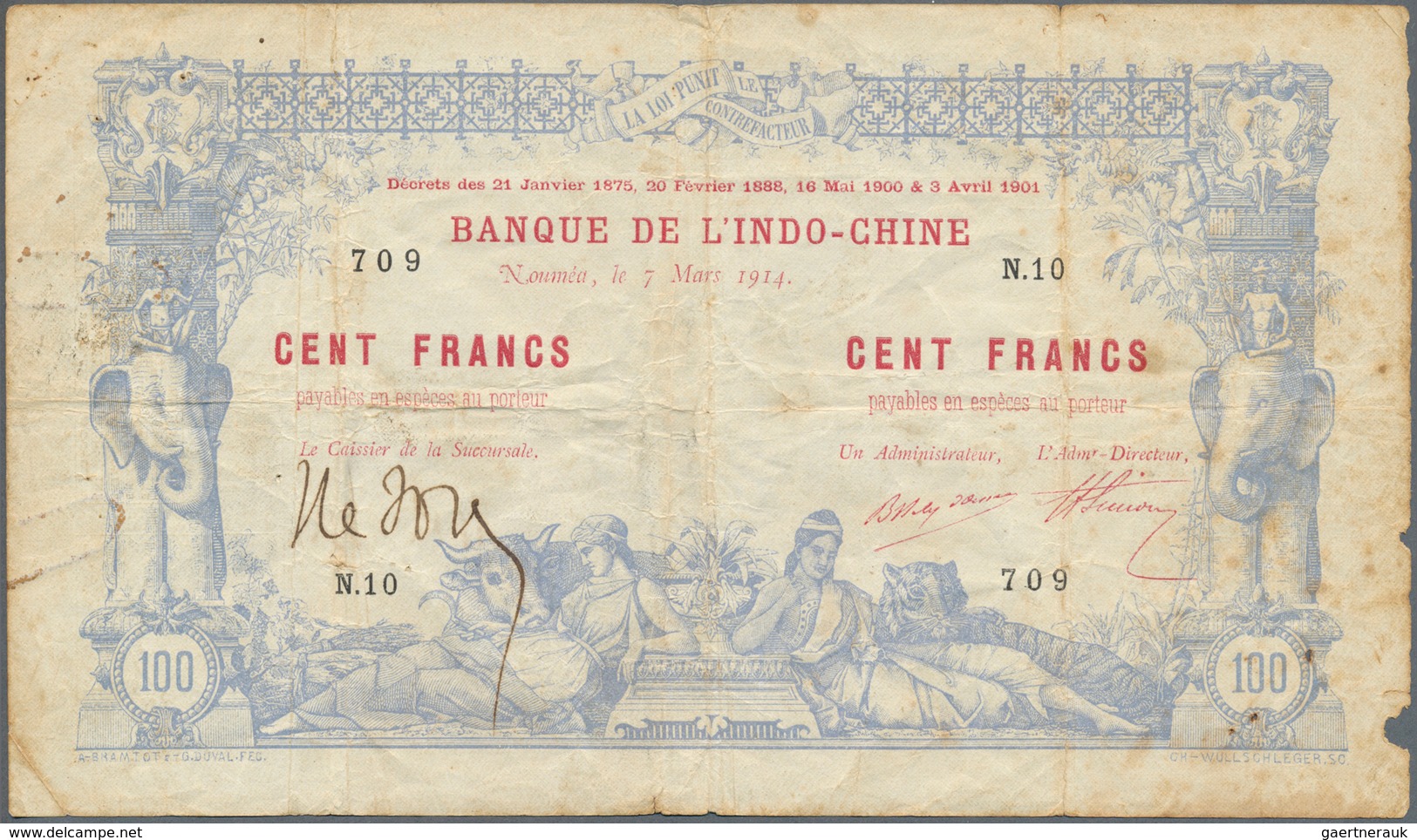 02091 New Caledonia / Neu Kaledonien: 100 Francs 1914 Noumea Banque De L'Indochine P. 17, Rare Because The - Nouméa (Nieuw-Caledonië 1873-1985)