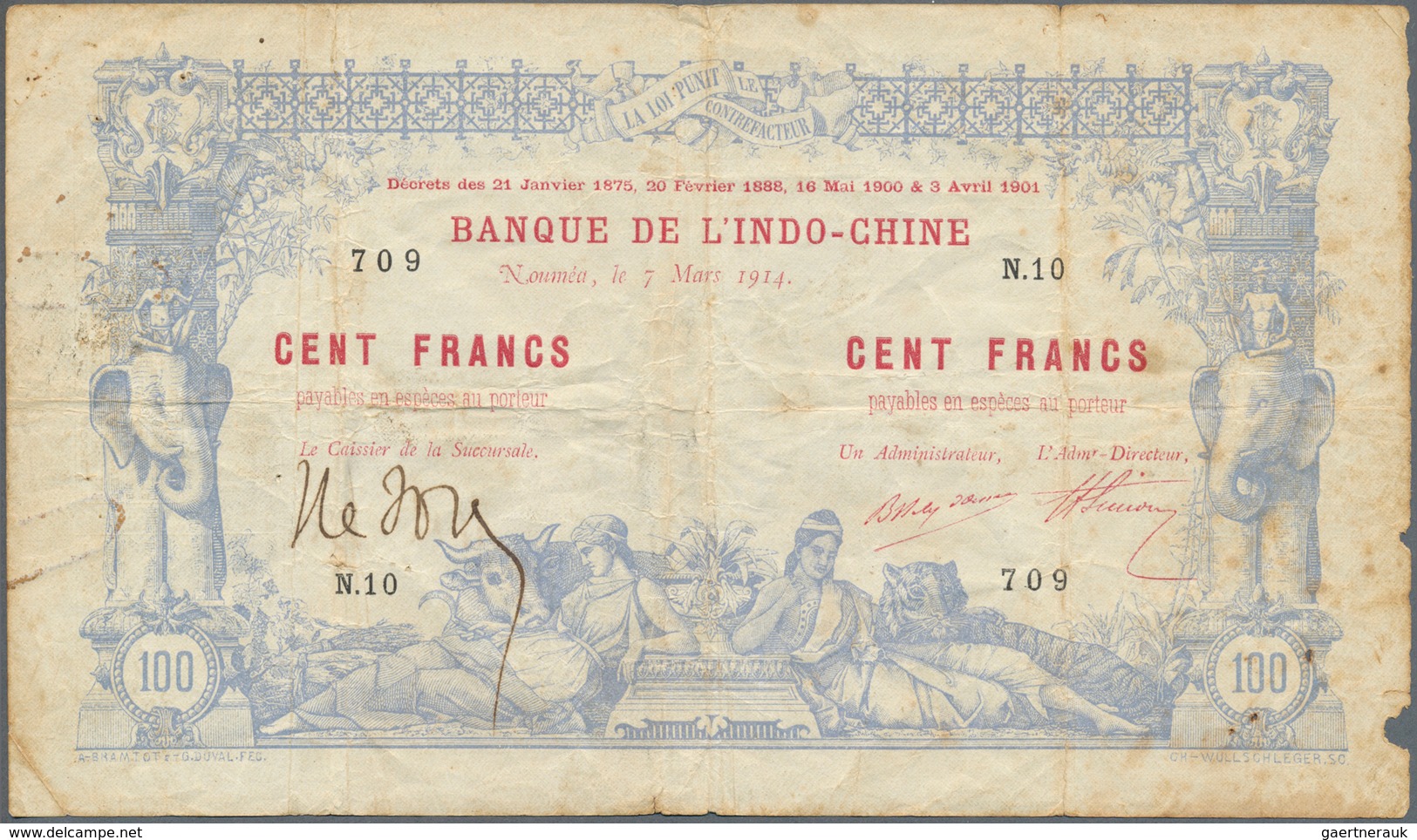 02091 New Caledonia / Neu Kaledonien: 100 Francs 1914 Noumea Banque De L'Indochine P. 17, Rare Because The - Nouméa (Nuova Caledonia 1873-1985)