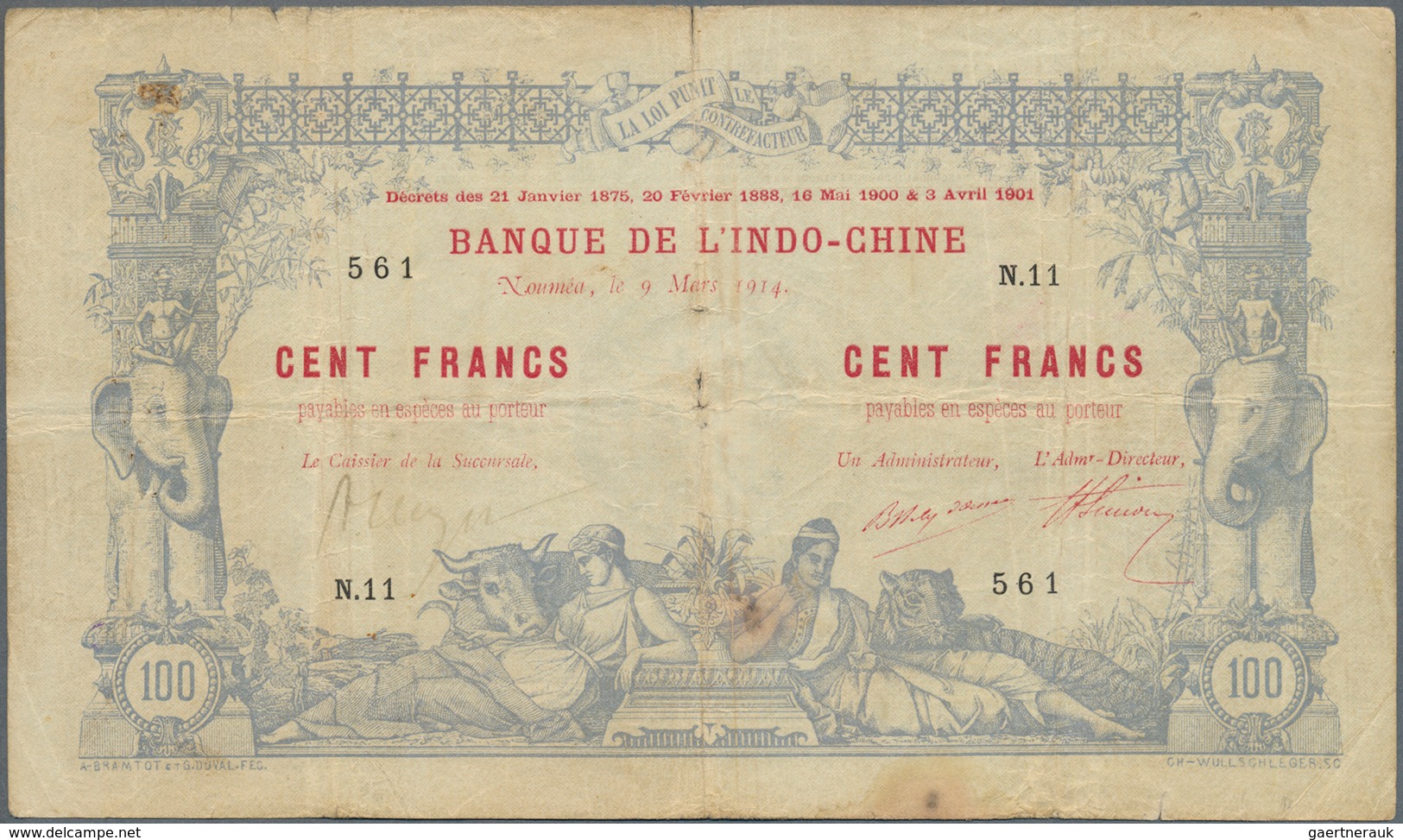 02093 New Caledonia / Neu Kaledonien: 100 Francs 1914 Noumea Banque De L'Indochine P. 17, Used With Folds - Nouméa (Nieuw-Caledonië 1873-1985)