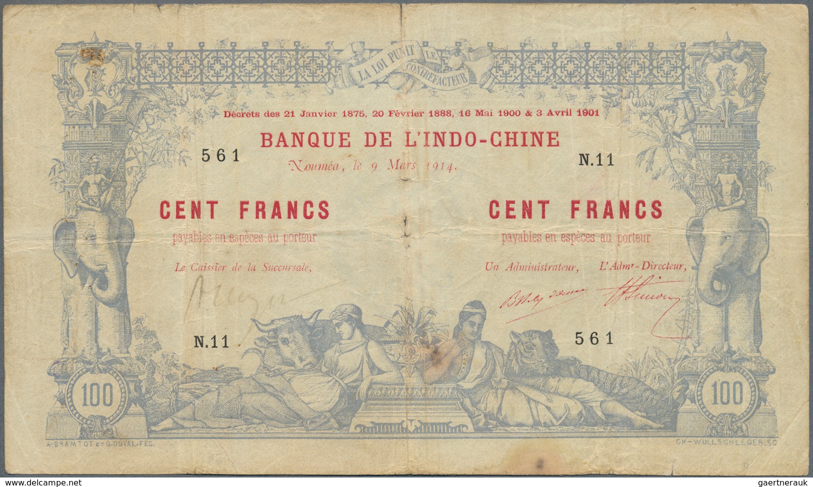 02093 New Caledonia / Neu Kaledonien: 100 Francs 1914 Noumea Banque De L'Indochine P. 17, Used With Folds - Nouméa (New Caledonia 1873-1985)