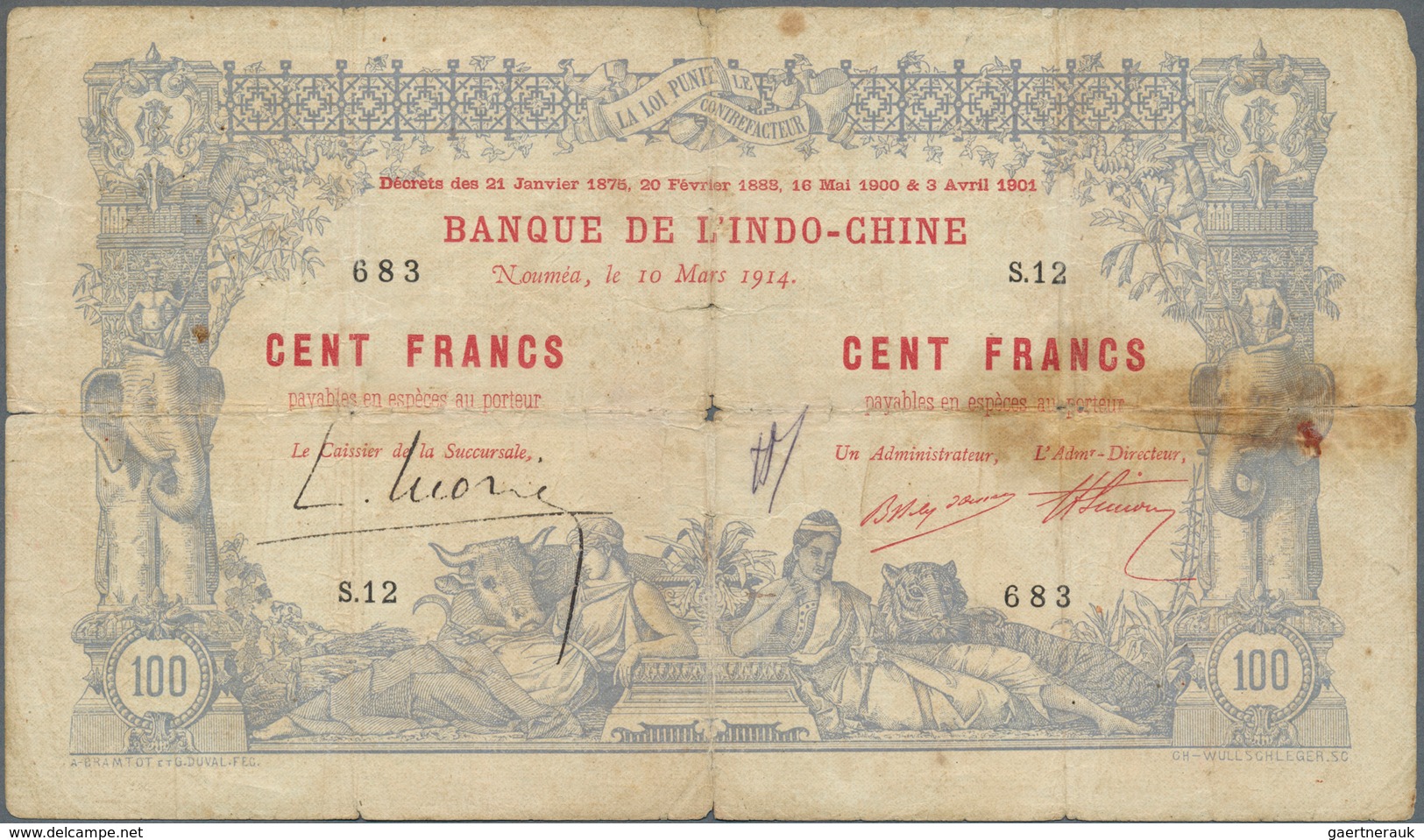 02096 New Caledonia / Neu Kaledonien: 100 Francs 1914 Noumea Banque De L'Indochine P. 17, Used With Strong - Nouméa (Nieuw-Caledonië 1873-1985)