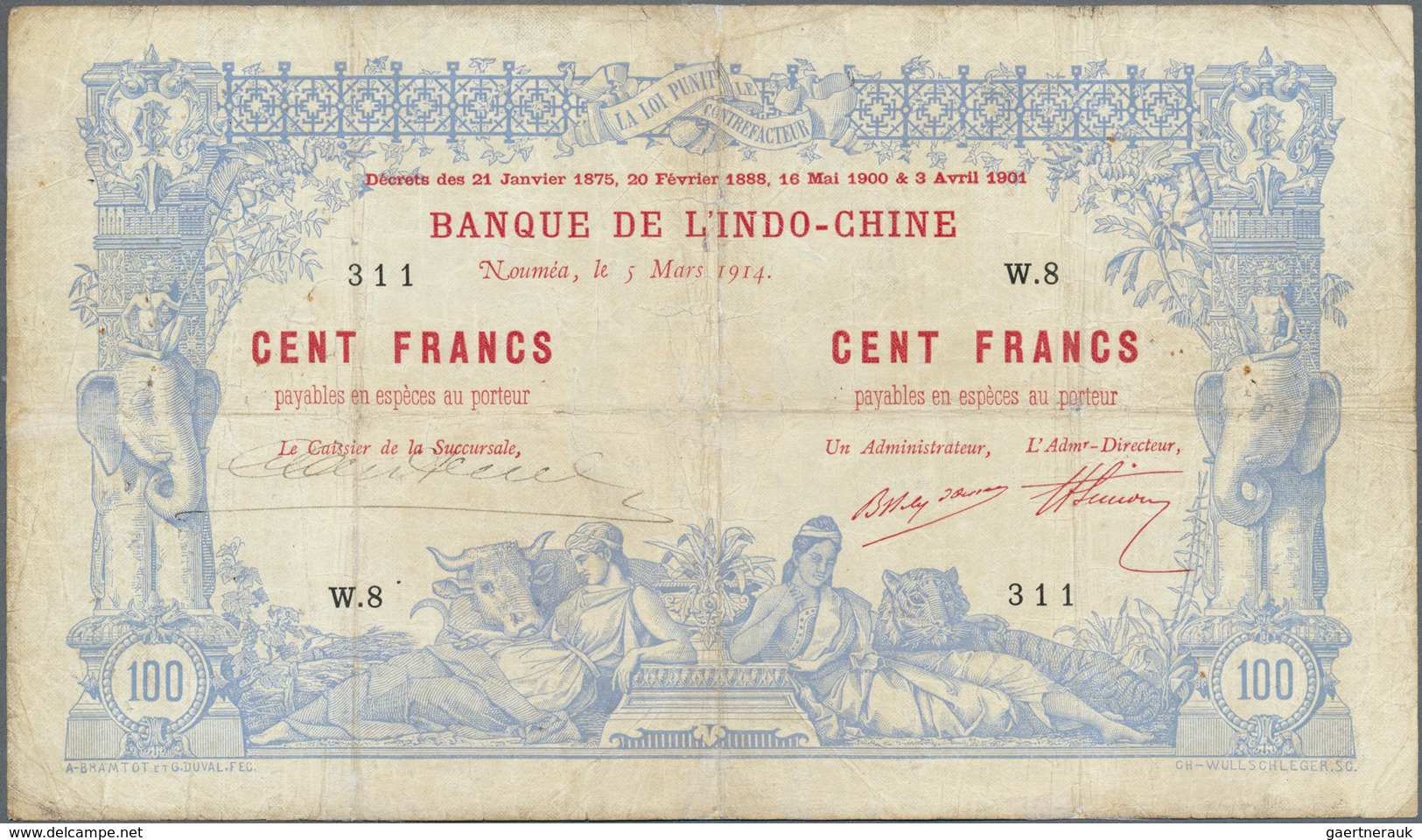 02097 New Caledonia / Neu Kaledonien: 100 Francs 1914 Noumea Banque De L'Indochine P. 17, Used With Strong - Nouméa (Nieuw-Caledonië 1873-1985)