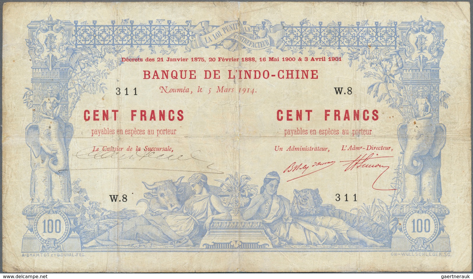 02097 New Caledonia / Neu Kaledonien: 100 Francs 1914 Noumea Banque De L'Indochine P. 17, Used With Strong - Nouméa (New Caledonia 1873-1985)