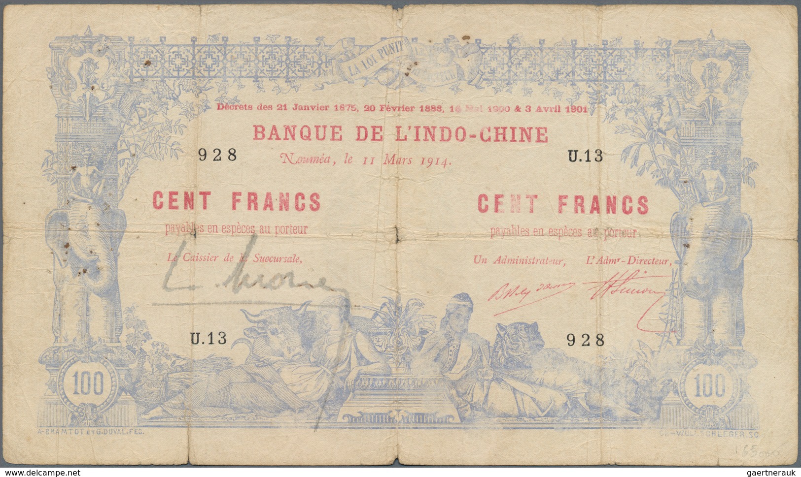 02098 New Caledonia / Neu Kaledonien: 100 Francs 1914 Noumea Banque De L'Indochine P. 17, Dated 11.03.1914 - Nouméa (New Caledonia 1873-1985)