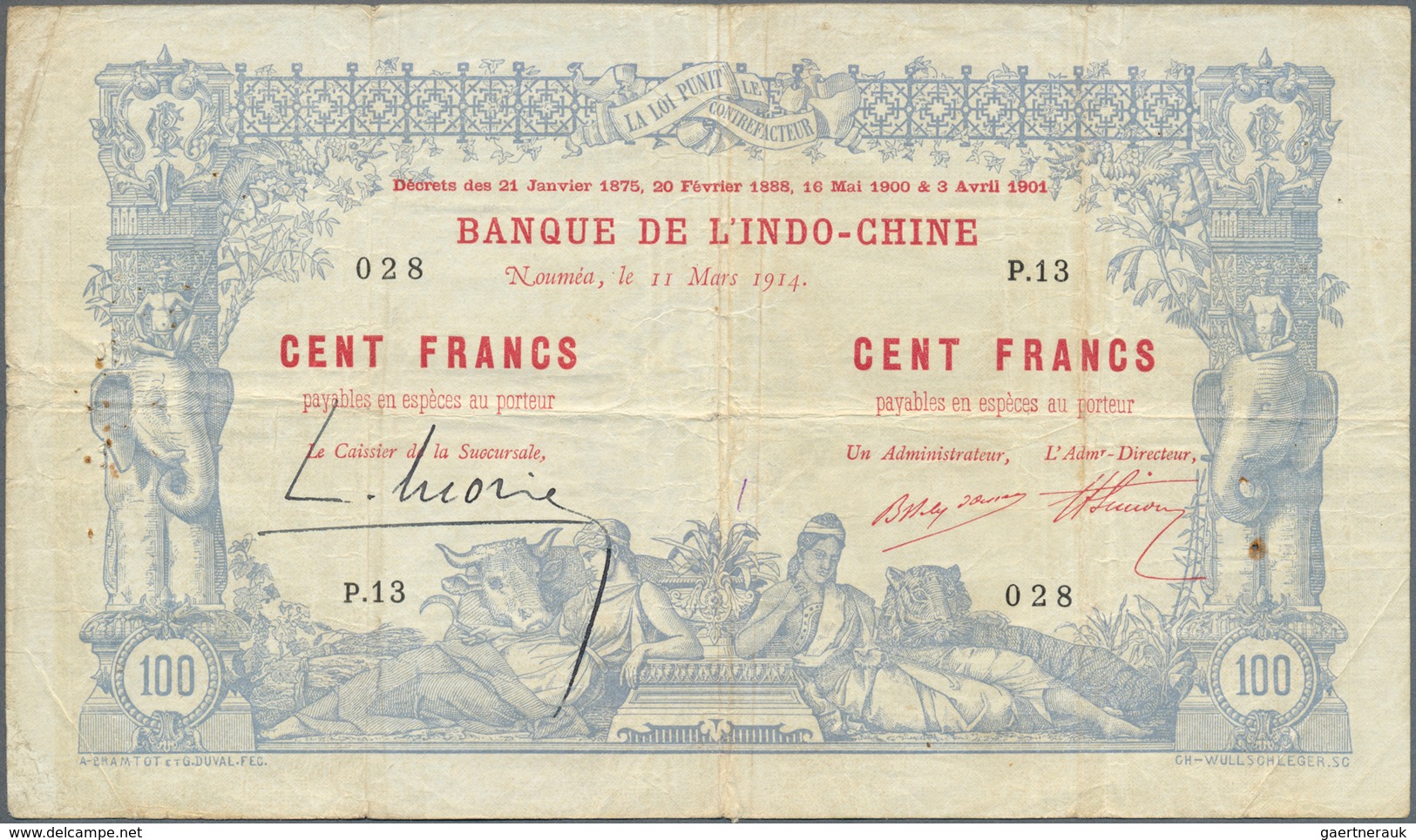 02099 New Caledonia / Neu Kaledonien: 100 Francs 1914 Noumea Banque De L'Indochine P. 17, With Block Lette - Numea (Nueva Caledonia 1873-1985)