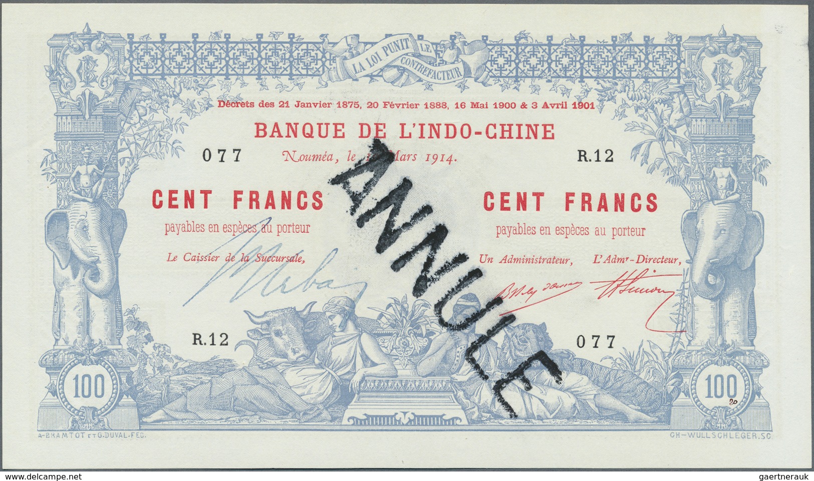 02100 New Caledonia / Neu Kaledonien: Highly Rare 100 Francs 1914 Noumea Banque De L'Indochine P. 17(s) Wi - Nouméa (Nieuw-Caledonië 1873-1985)