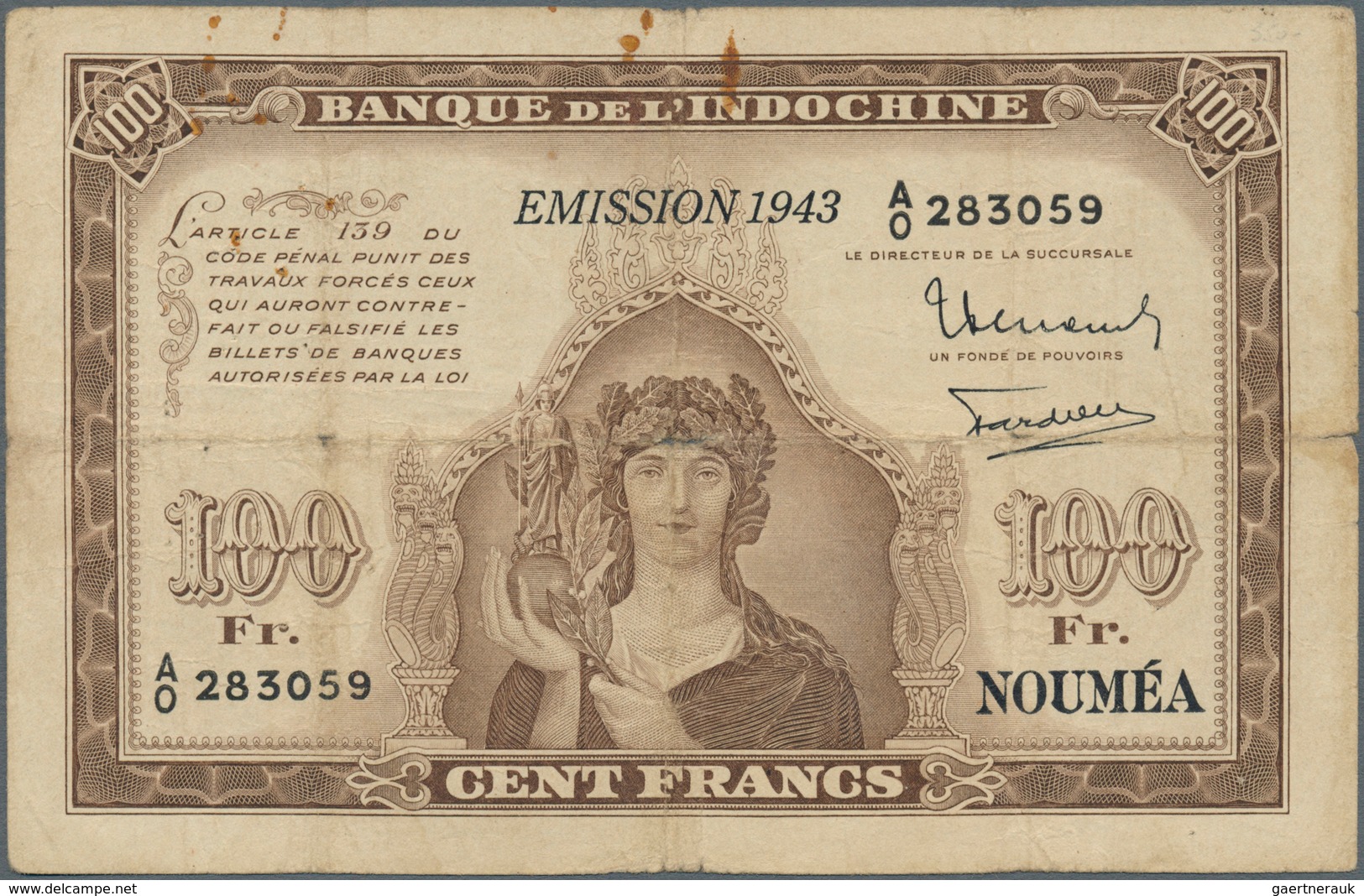 02104 New Caledonia / Neu Kaledonien: 100 Francs 1943 P. 46a, Used With Folds And Lightly Stained Paper, C - Nouméa (Nieuw-Caledonië 1873-1985)