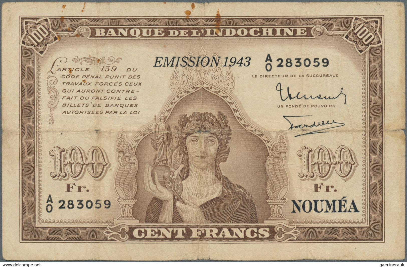 02104 New Caledonia / Neu Kaledonien: 100 Francs 1943 P. 46a, Used With Folds And Lightly Stained Paper, C - Nouméa (Nuova Caledonia 1873-1985)