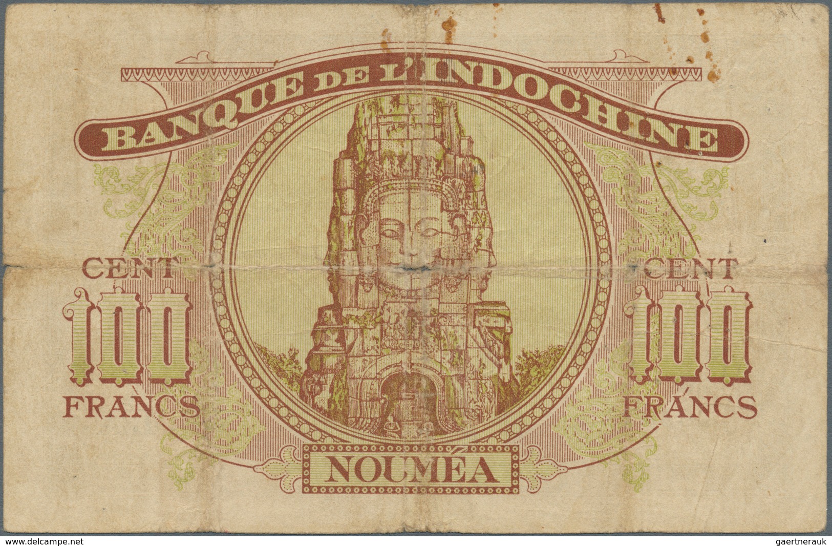 02104 New Caledonia / Neu Kaledonien: 100 Francs 1943 P. 46a, Used With Folds And Lightly Stained Paper, C - Nouméa (Nieuw-Caledonië 1873-1985)