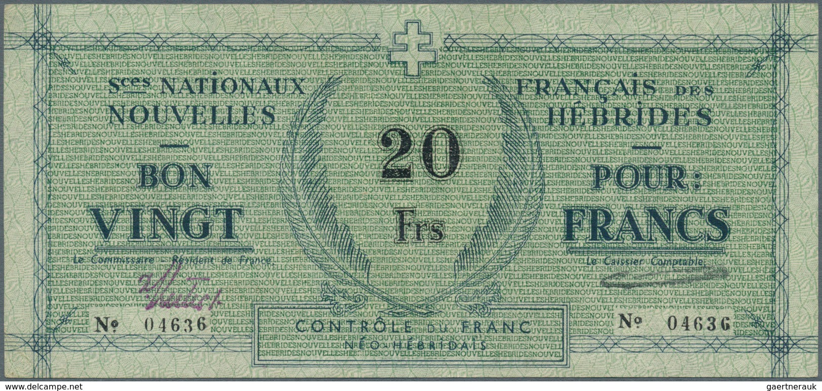 02105 New Hebrides / Neue Hebriden: 20 Francs ND P. 2, Rare Note, Some Very Light Vertical Folds, No Holes - Nueva Hebrides