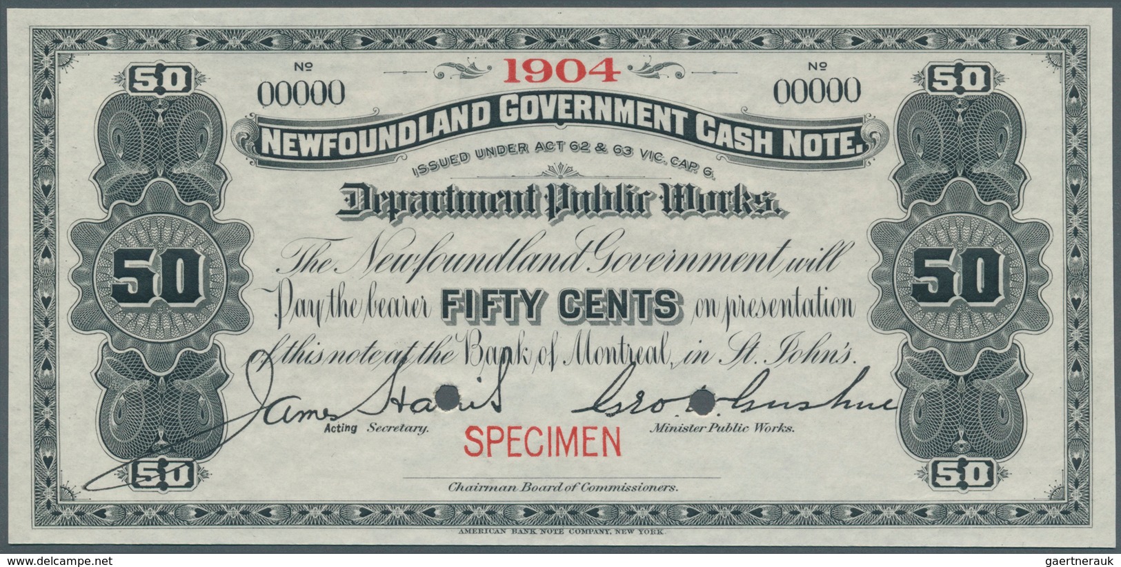 02121 Newfoundland / Neufundland: 50 Cents ND Specimen P. A5s With Small Red "Specimen" Overprint At Lower - Canada