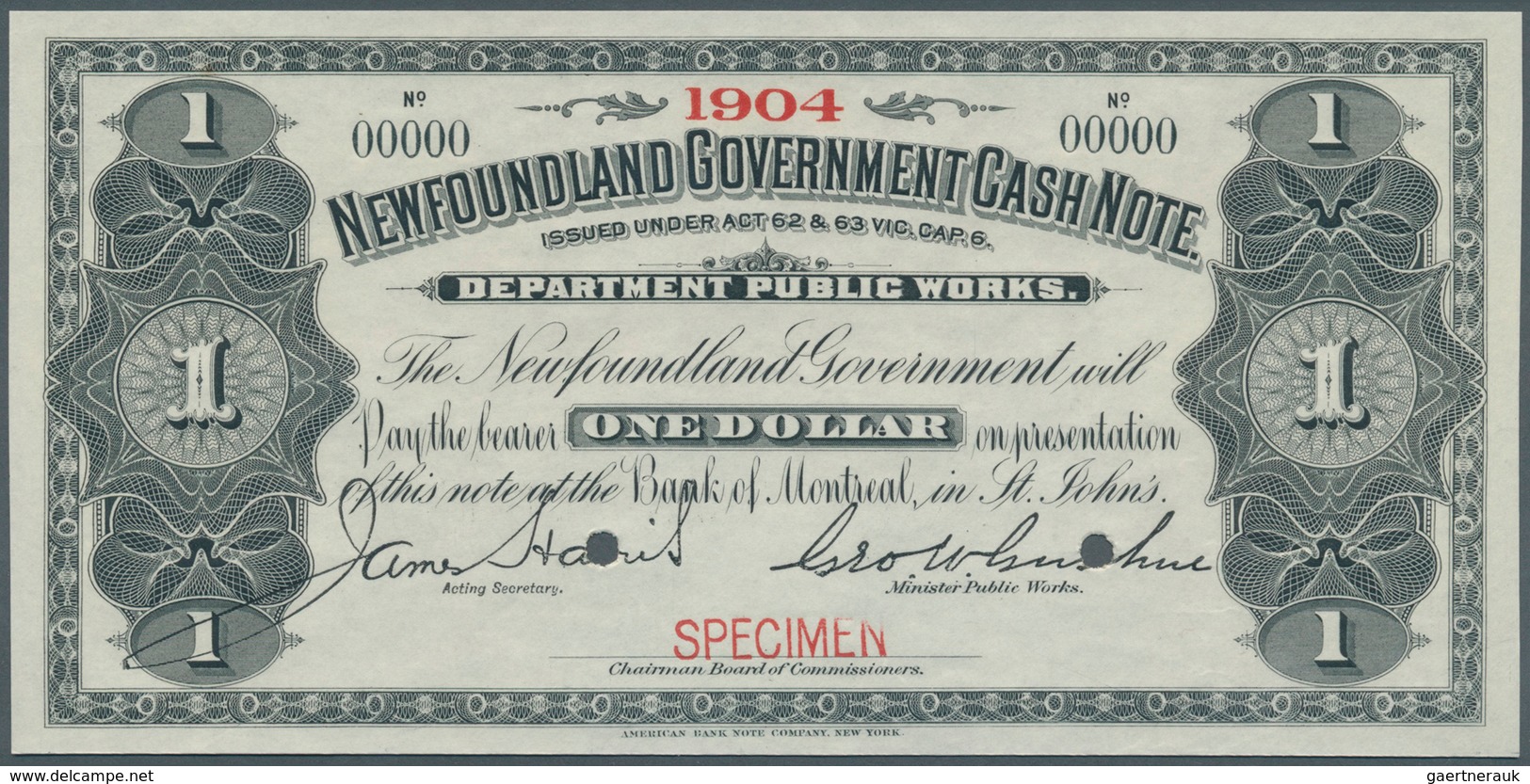 02122 Newfoundland / Neufundland: 1 Dollar ND Specimen P. A7s With Small Red "Specimen" Overprint At Lower - Canada