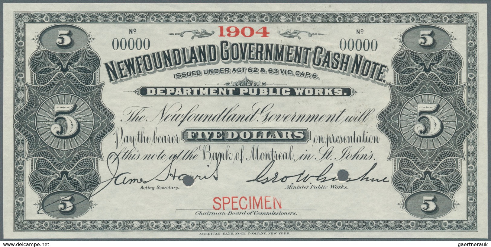 02123 Newfoundland / Neufundland: 5 Dollars ND Specimen P. A8s With Small Red "Specimen" Overprint At Lowe - Canada