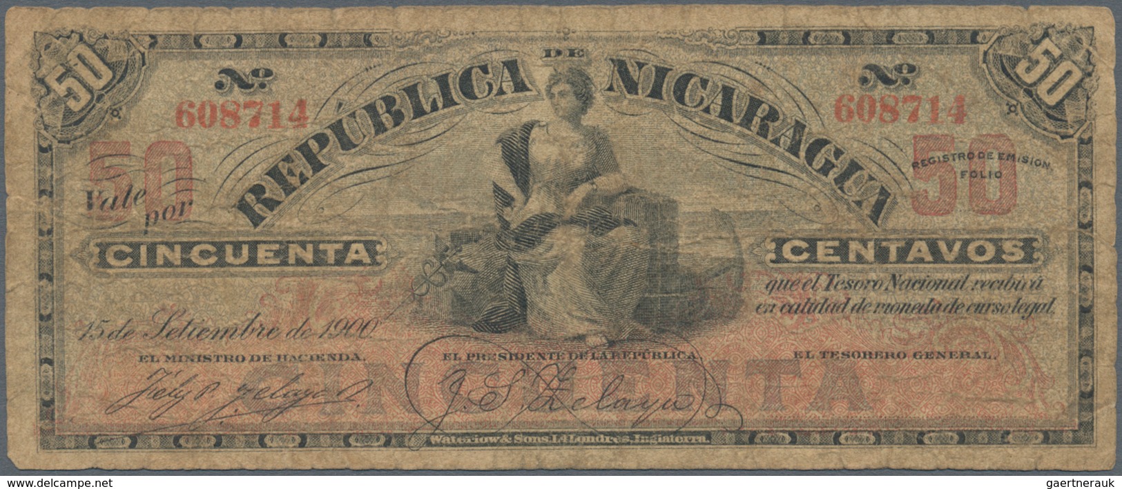 02124 Nicaragua: 50 Centavos 1900 P. 28, Stronger Used With Many Folds And Creases Causing Softness In Pap - Nicaragua