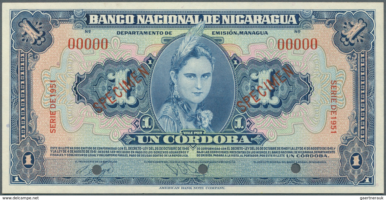 02125 Nicaragua: 1 Cordoba 1951 Specimen P. 91Bs, 3 Cancellation Holes, Zero Serial Numbers, Specimen Over - Nicaragua