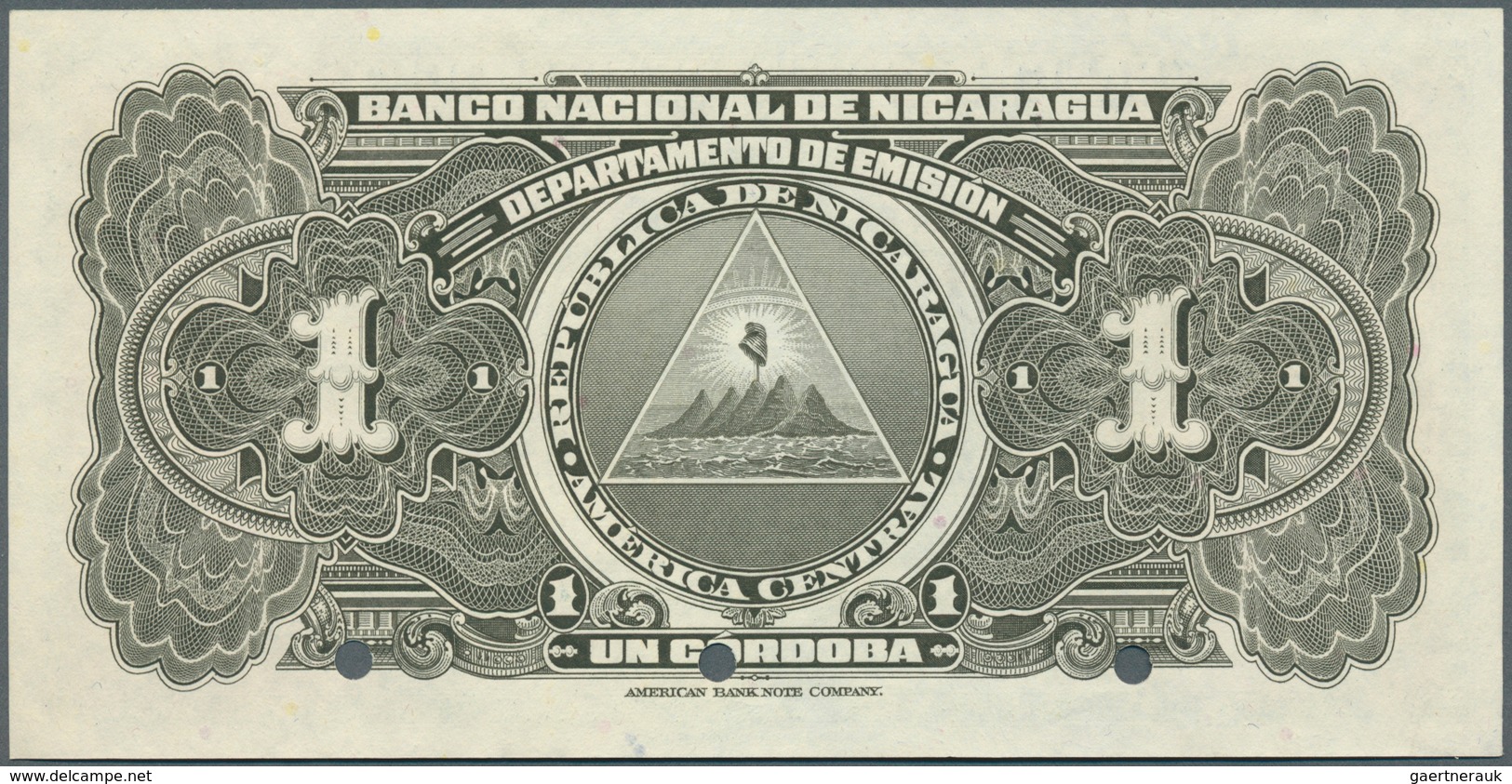 02125 Nicaragua: 1 Cordoba 1951 Specimen P. 91Bs, 3 Cancellation Holes, Zero Serial Numbers, Specimen Over - Nicaragua