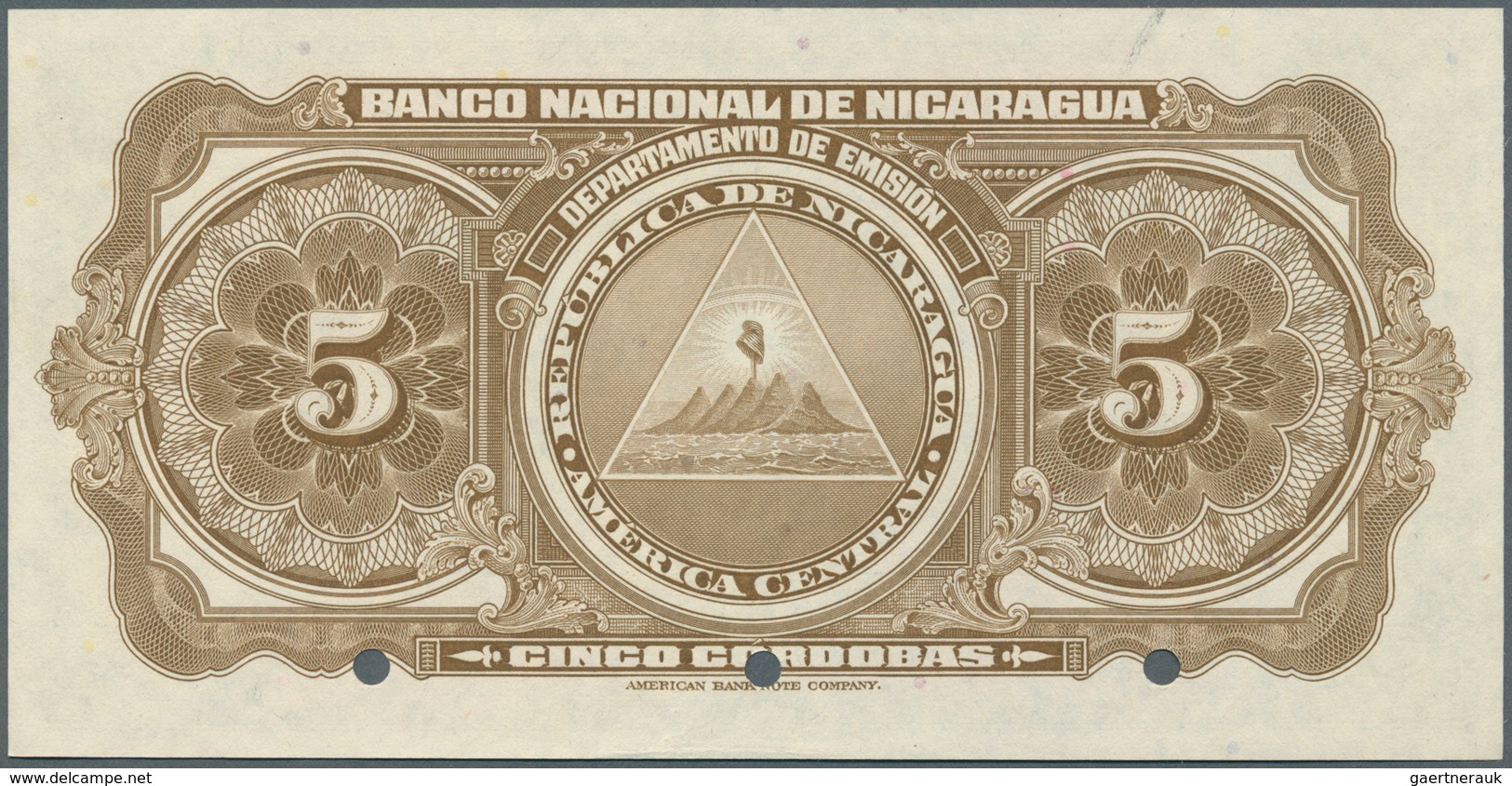 02126 Nicaragua: 5 Cordobas 1951 Specimen P. 93Cs, 3 Cancellation Holes, Zero Serial Numbers, Specimen Ove - Nicaragua