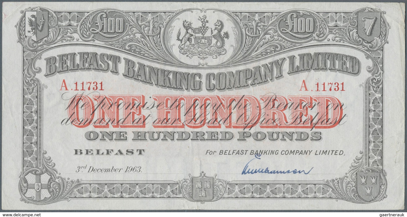 02139 Northern Ireland / Nordirland: 100 Pounds 1963 P. 131c, Belfast Banking Company, Used With Light Fol - Altri & Non Classificati