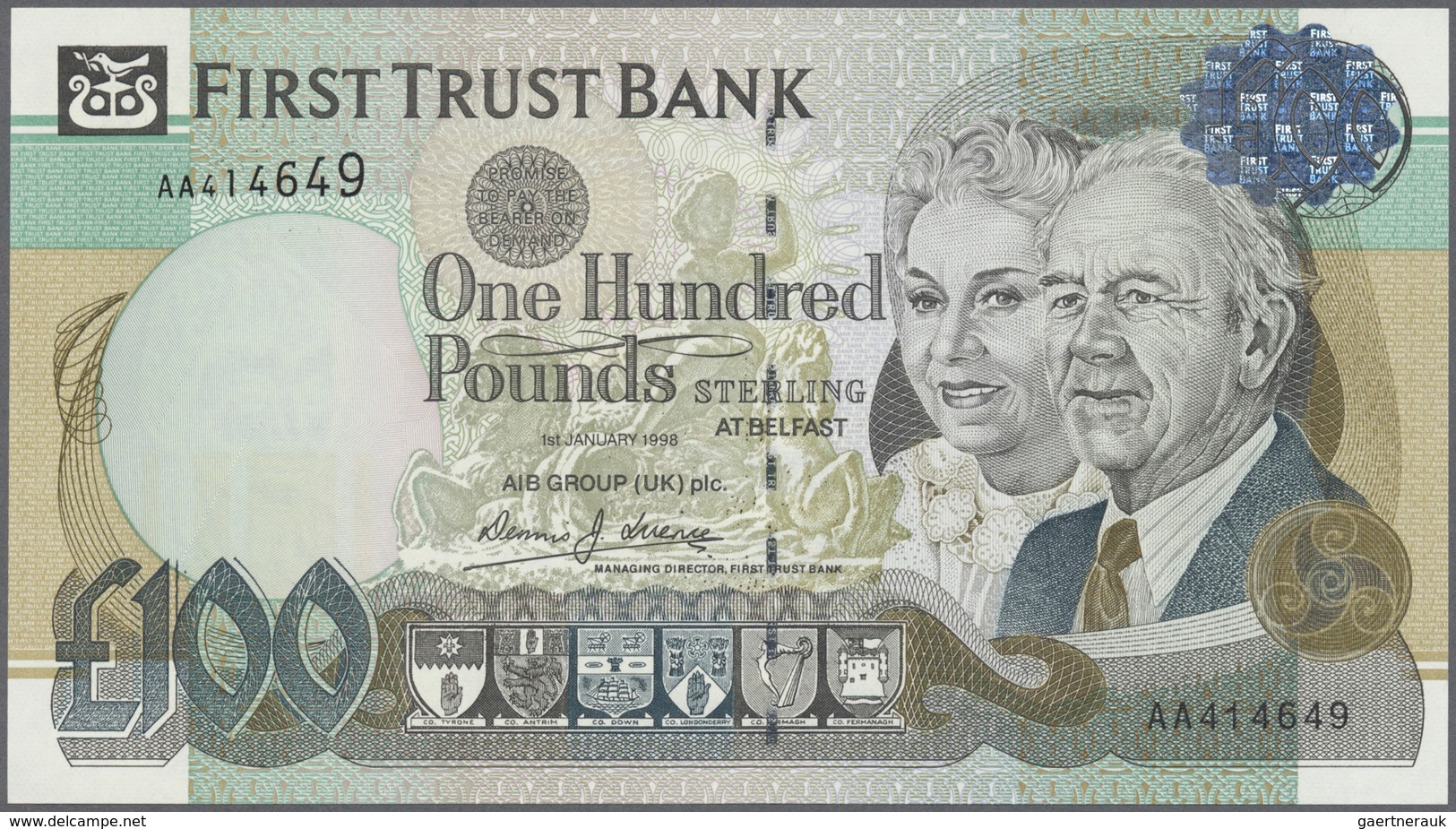 02140 Northern Ireland / Nordirland: 100 Pounds 1998 P. 139b, First Trust Bank, In Condition: UNC. - Andere & Zonder Classificatie