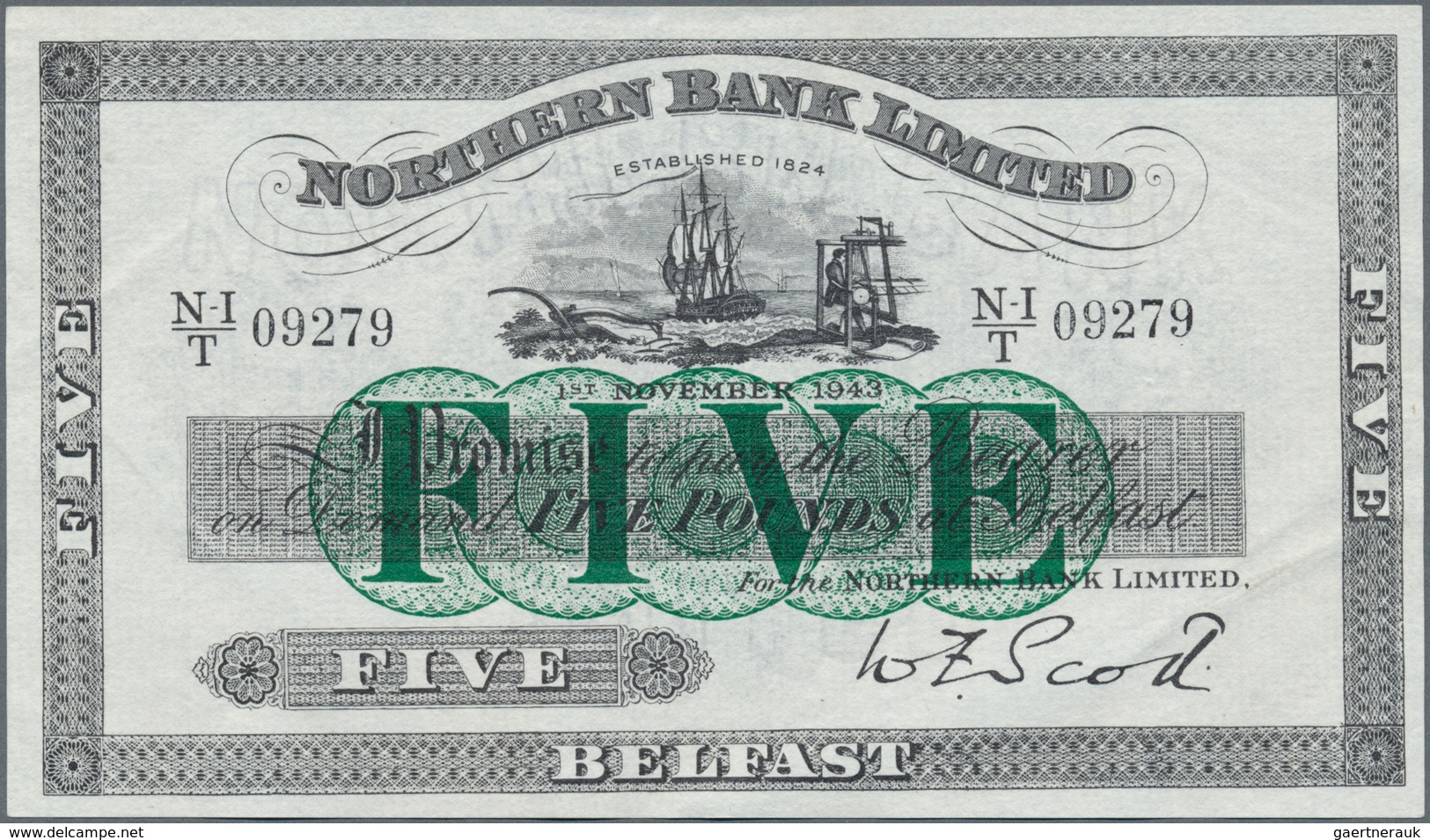 02144 Northern Ireland / Nordirland: Northern Bank Limited 5 Pounds 1943 P. 180, Unfolded, Crisp Original - Andere & Zonder Classificatie