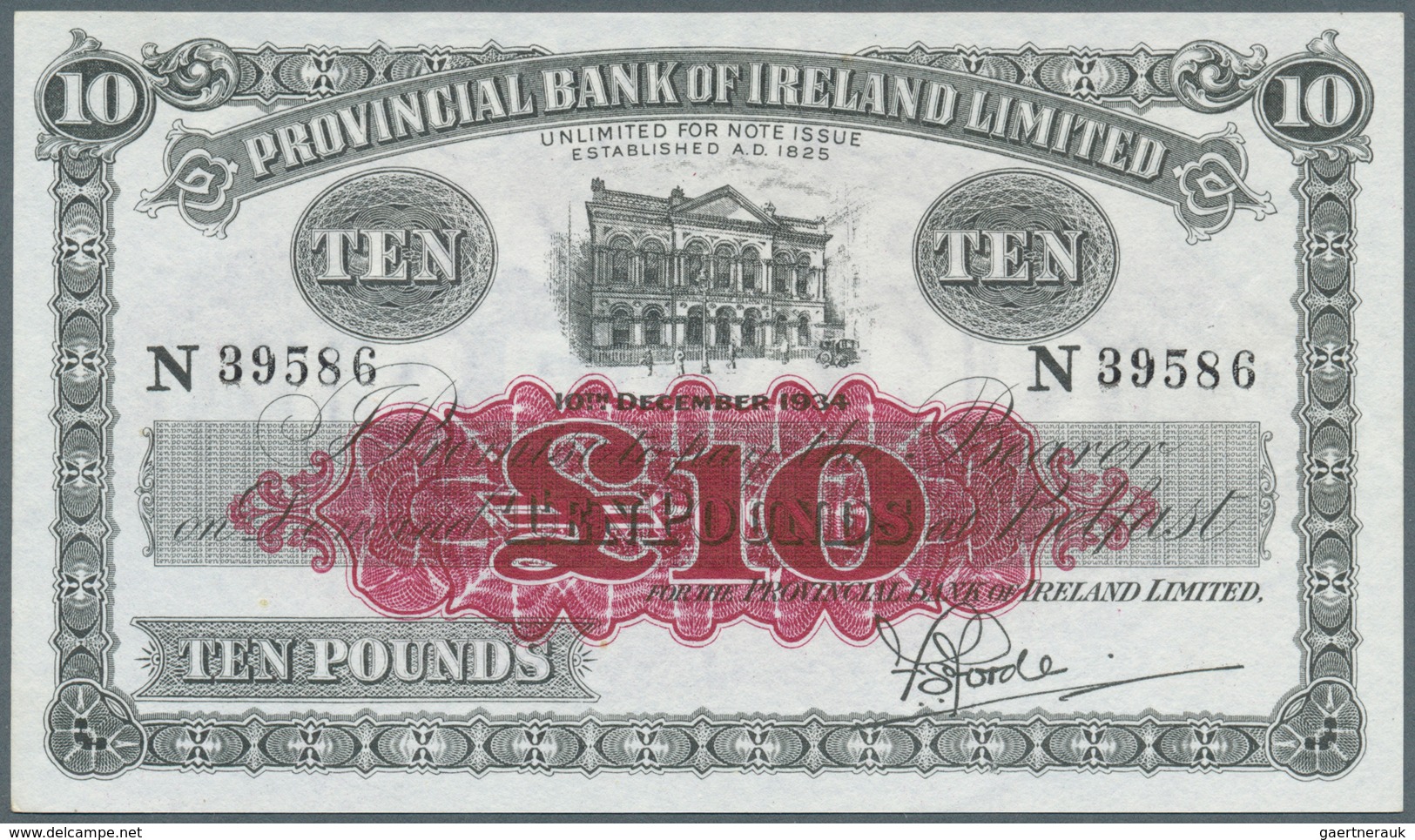 02150 Northern Ireland / Nordirland: 10 Pounds 1934 P. 233b, Provincial Bank Of Ireland Limited, Very Rare - Andere & Zonder Classificatie