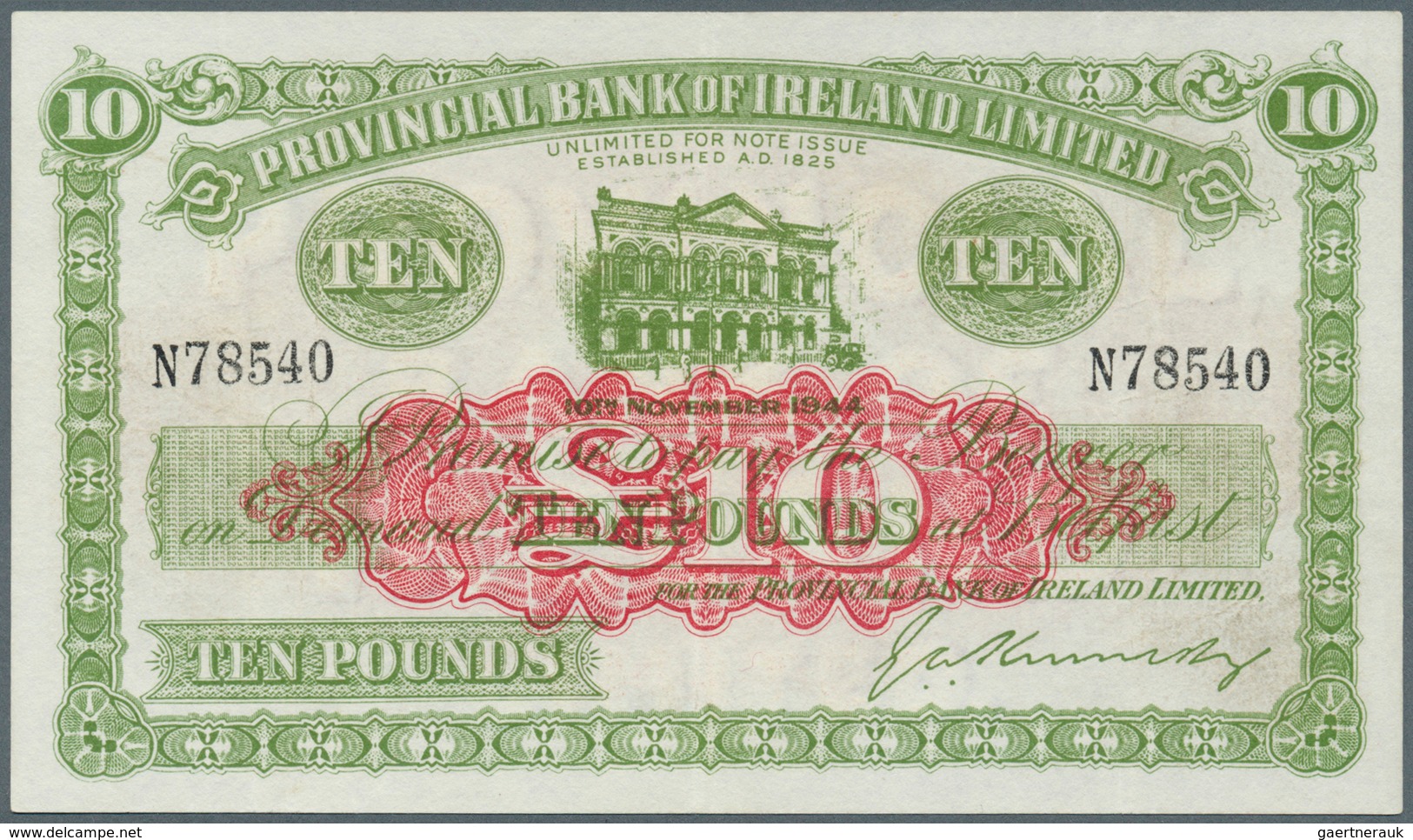 02153 Northern Ireland / Nordirland: 10 Pounds 1944 P. 237a, Provincial Bank Of Ireland Limited, Light Cen - Other & Unclassified