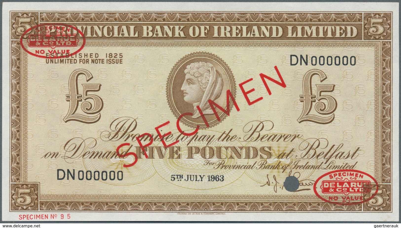 02155 Northern Ireland / Nordirland: Provincial Bank Of Ireland 5 Pounds 1963 TDLR Specimen, P.244s In UNC - Andere & Zonder Classificatie