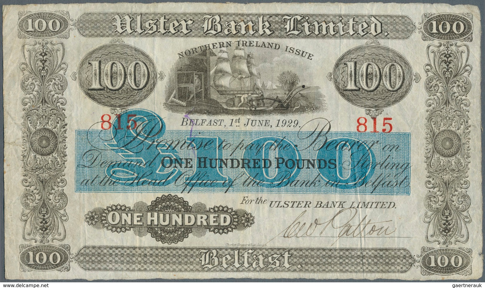 02159 Northern Ireland / Nordirland: 100 Pounds 1929 P. 311, Ulster Bank Limited, Used With Several Folds - Otros & Sin Clasificación