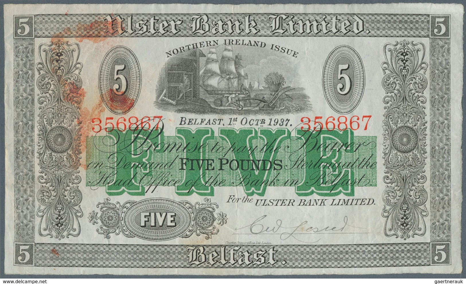 02160 Northern Ireland / Nordirland: 5 Pounds 1937 P. 313, Ulster Bank Limited, Used With Light Folds, Red - Altri & Non Classificati