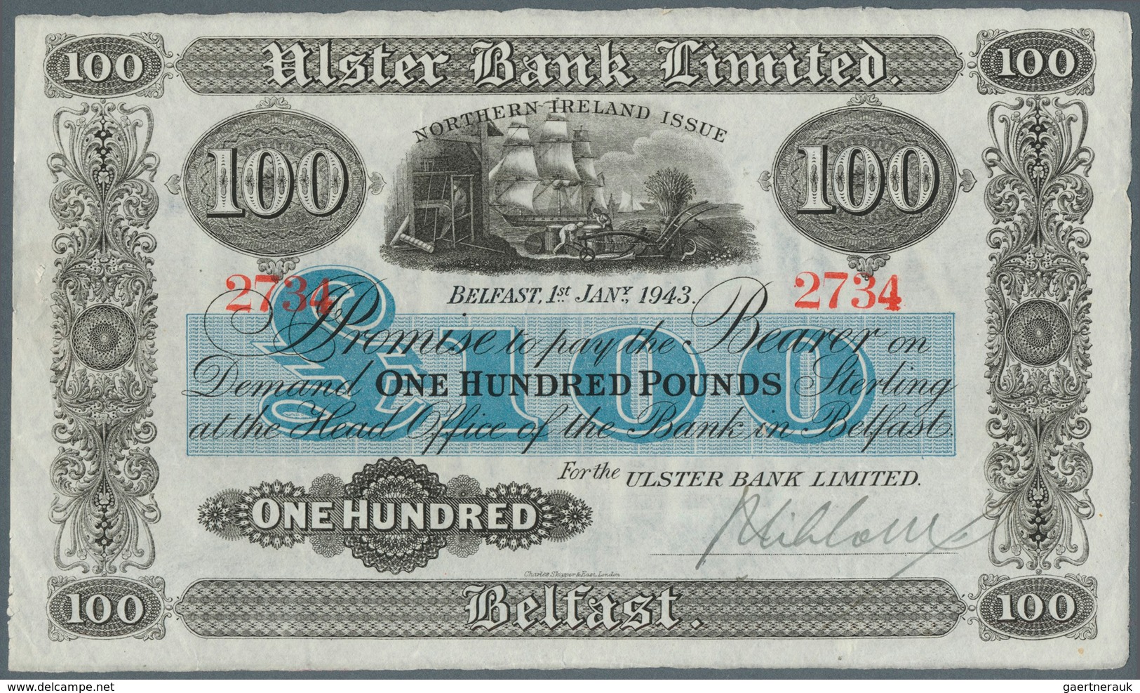 02162 Northern Ireland / Nordirland: 100 Pounds 1943 P. 320, Ulster Bank Limited, Rare High Denomination N - Other & Unclassified