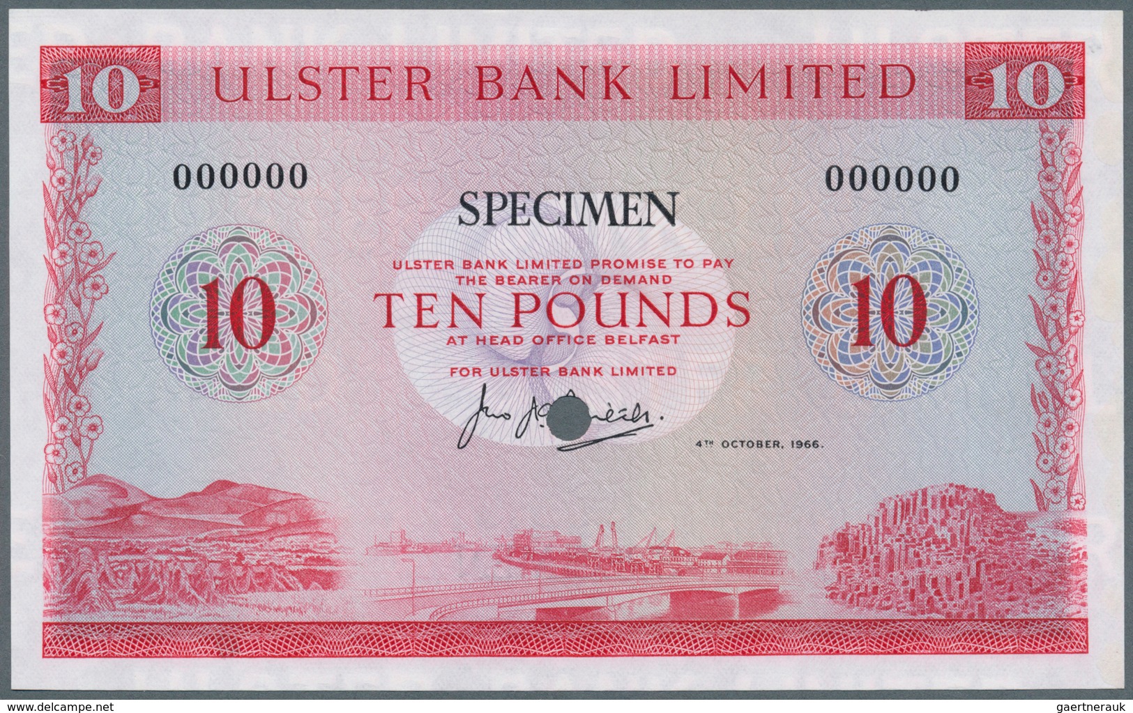 02163 Northern Ireland / Nordirland: 10 Pounds 1966 Specimen P. 323s, Hole Cancellation, Zero Serial Numbe - Altri & Non Classificati