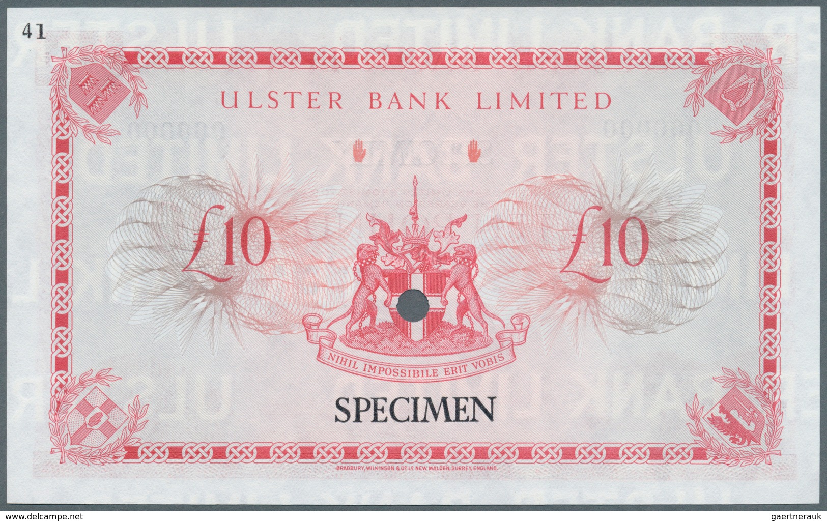 02163 Northern Ireland / Nordirland: 10 Pounds 1966 Specimen P. 323s, Hole Cancellation, Zero Serial Numbe - Andere & Zonder Classificatie