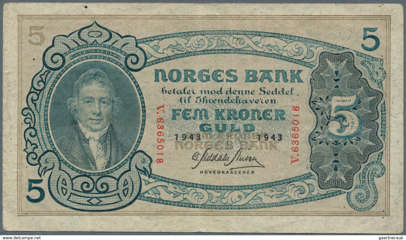 02168 Norway / Norwegen: set of 6 pcs used banknotes containing 2x 50 Kroner 1942 and 1943, 2x 5 Kroner 19