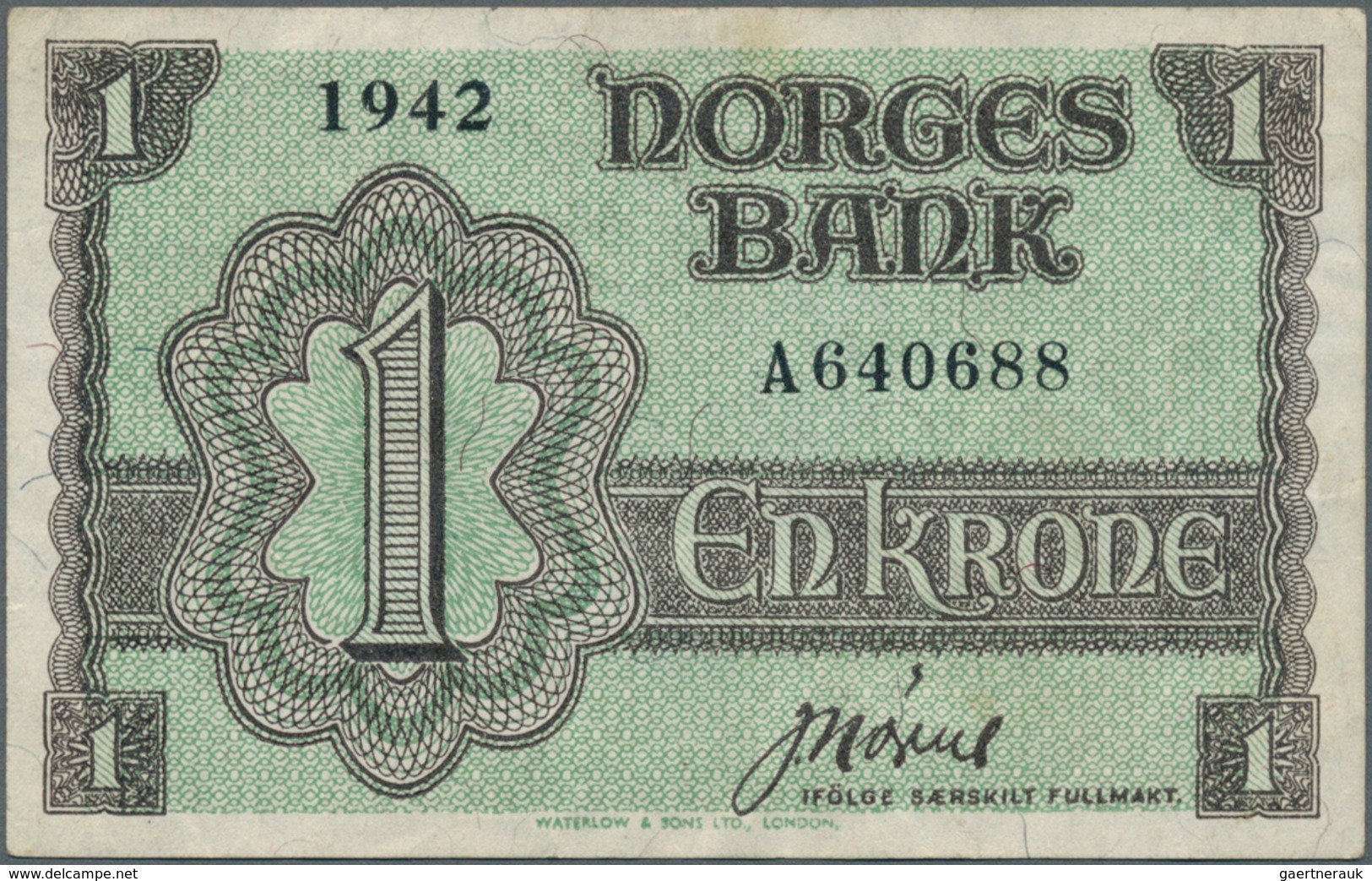 02170 Norway / Norwegen: 1 Krone 1942 With Prefix "A", P.17a With Several Soft Folds And Creases And A Few - Noorwegen