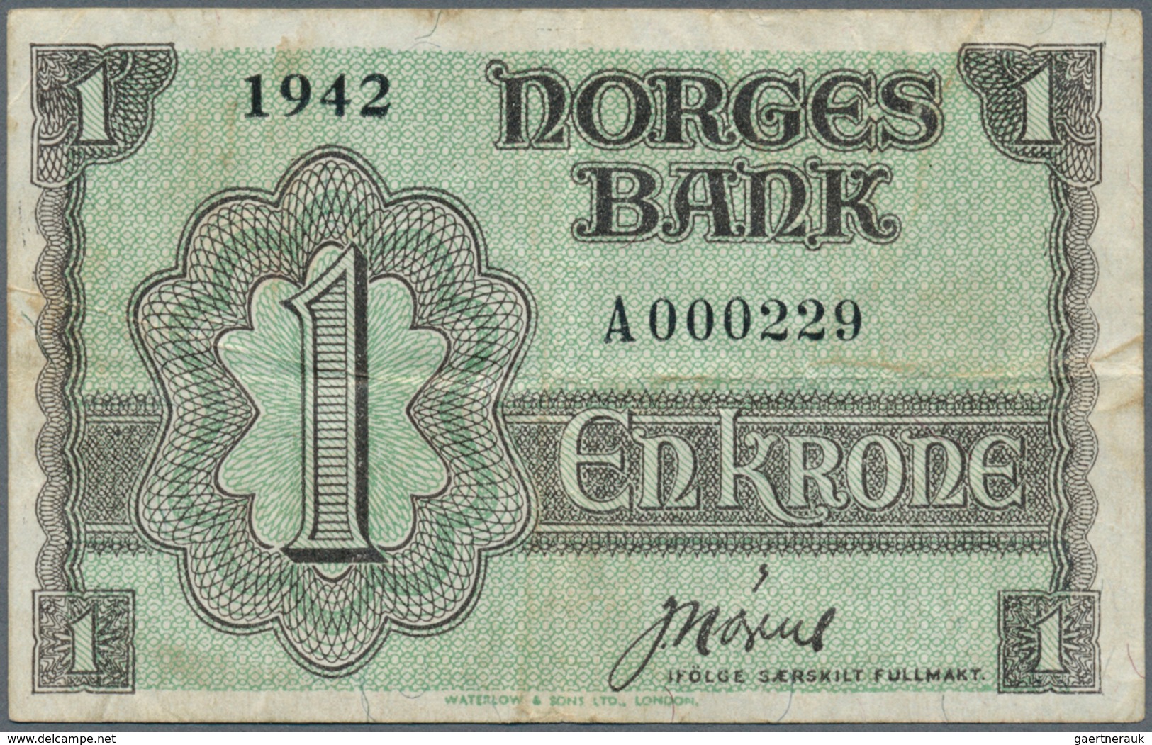 02171 Norway / Norwegen: 1 Krone 1942 P. 17a With Very Low Serial Number #A000229, So This Note Was The 22 - Noorwegen