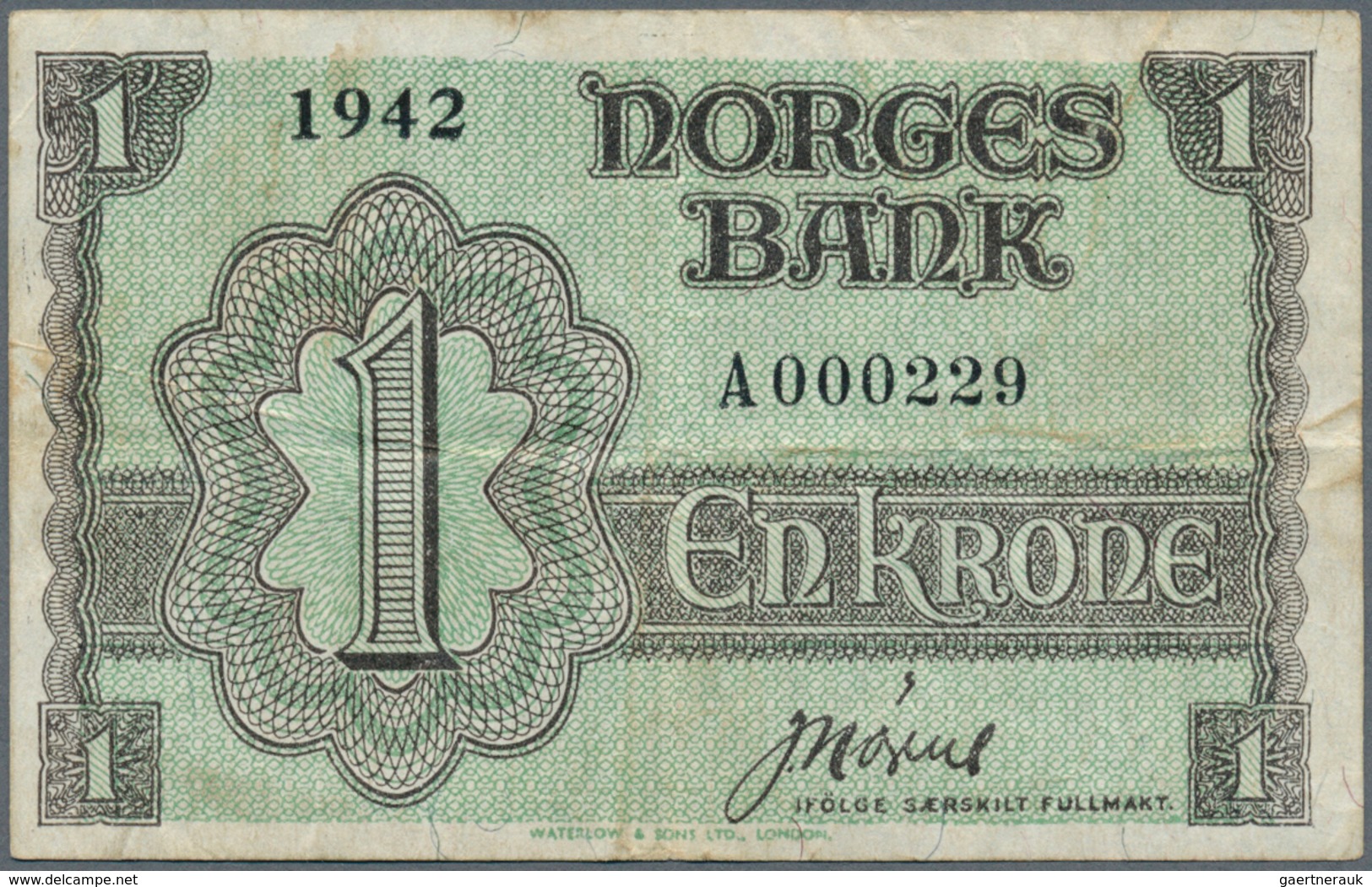 02171 Norway / Norwegen: 1 Krone 1942 P. 17a With Very Low Serial Number #A000229, So This Note Was The 22 - Noruega
