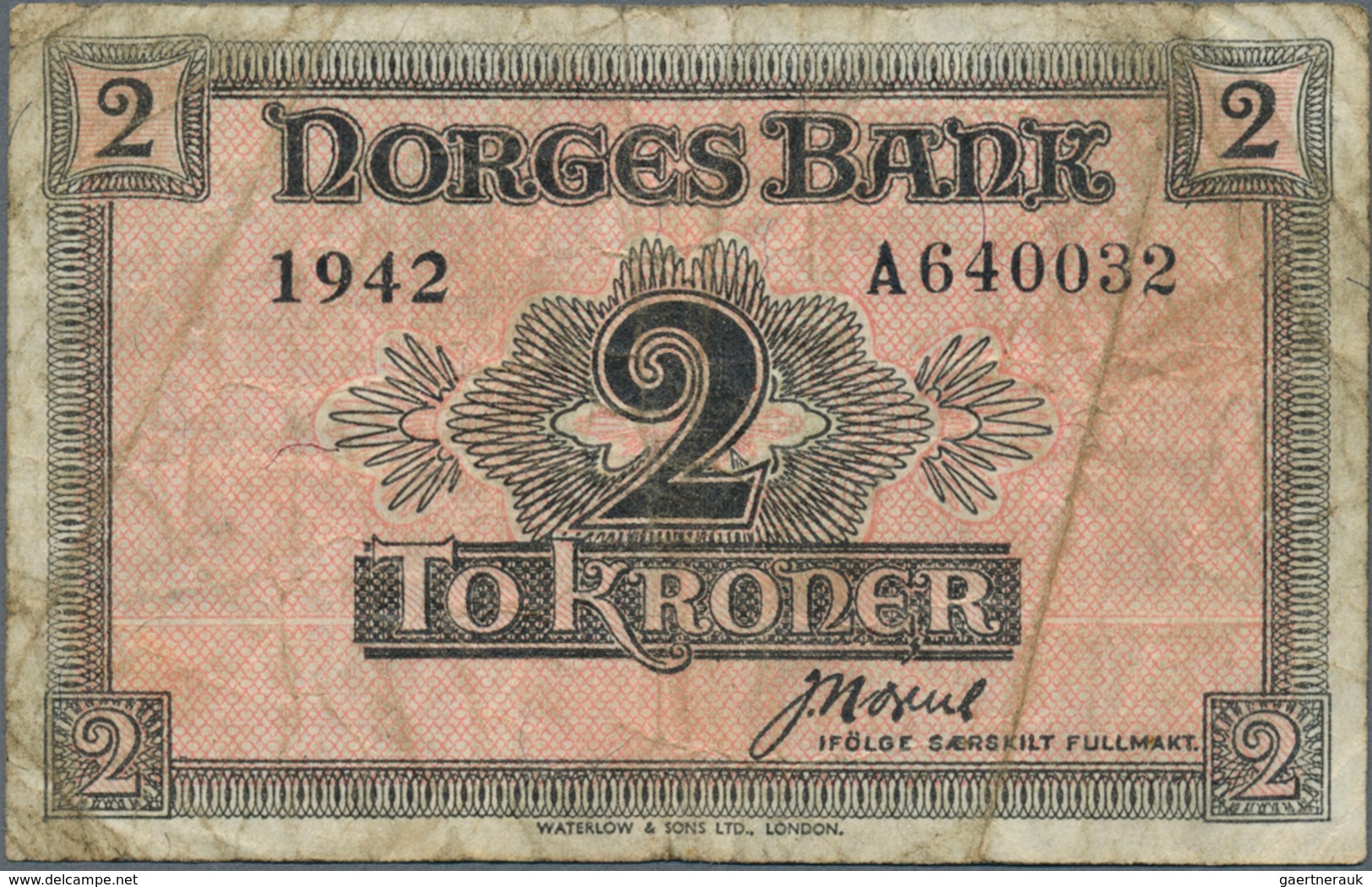02172 Norway / Norwegen: 2 Kroner 1942 P. 18, Several Stonger Folds And Stain In Paper, No Holes Or Tears, - Norvegia