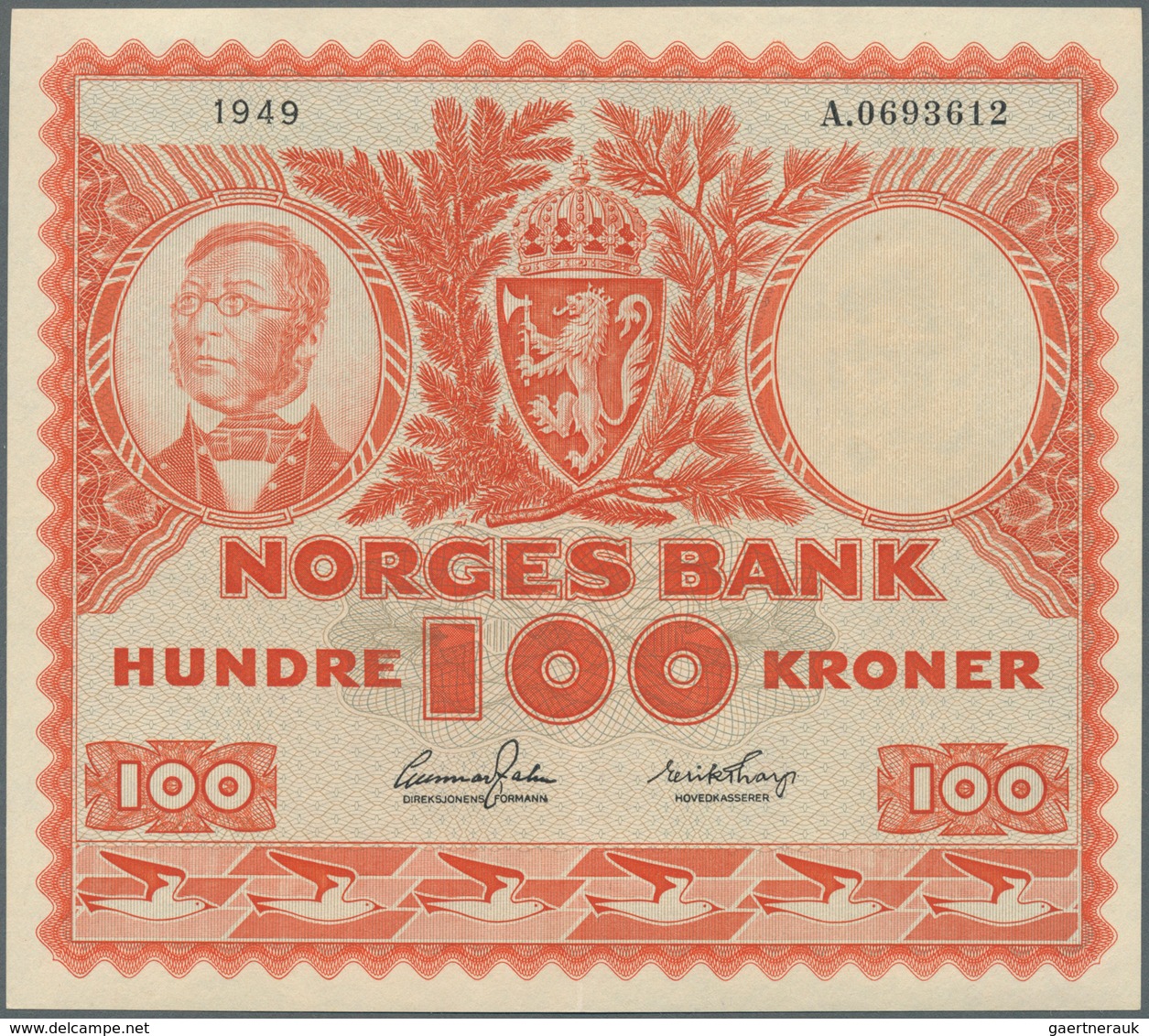 02173 Norway / Norwegen: 100 Kroner 1949 P. 33, Light Center And Horizontal Fold, Probably Pressed, No Hol - Noruega