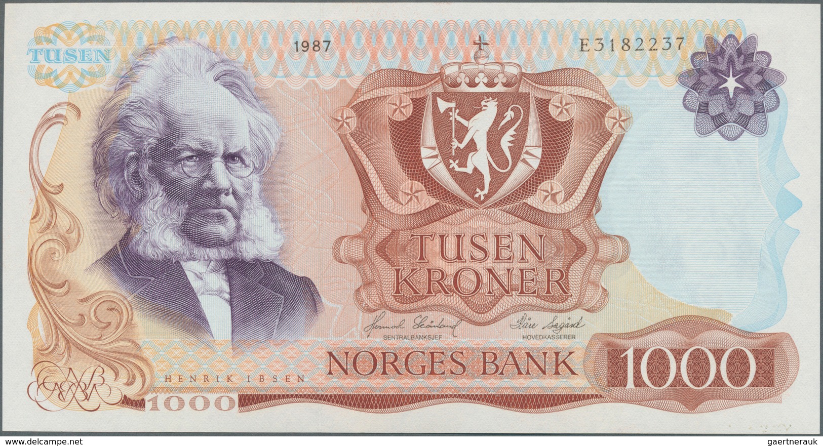 02174 Norway / Norwegen: 1000 Kroner 1987 P. 40c, Light Center Bend, Condition: XF+ To AUNC. - Norvegia