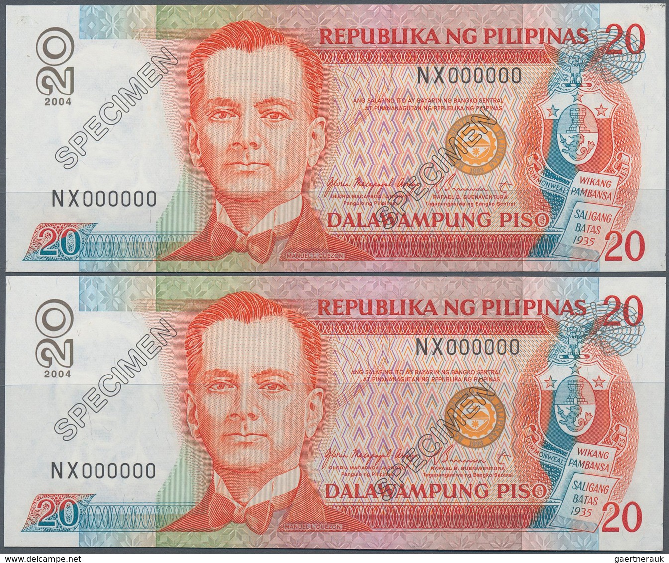 02187 Philippines / Philippinen: 2 Pcs Unlisted Specimen Note Of 20 Pesos 2004 P. NL Like P. 200, With Zer - Filippijnen